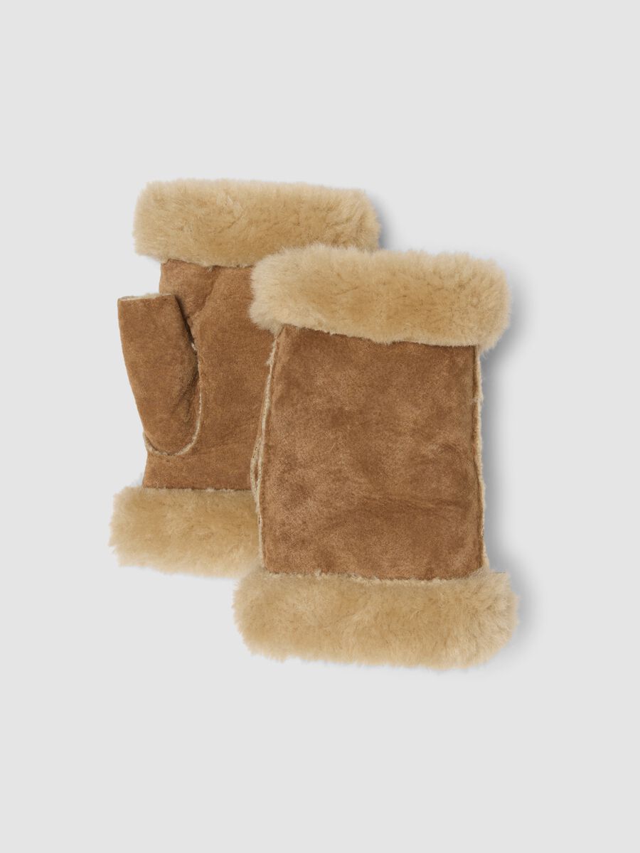 Tan lined gloves with shearling-effect trim_0