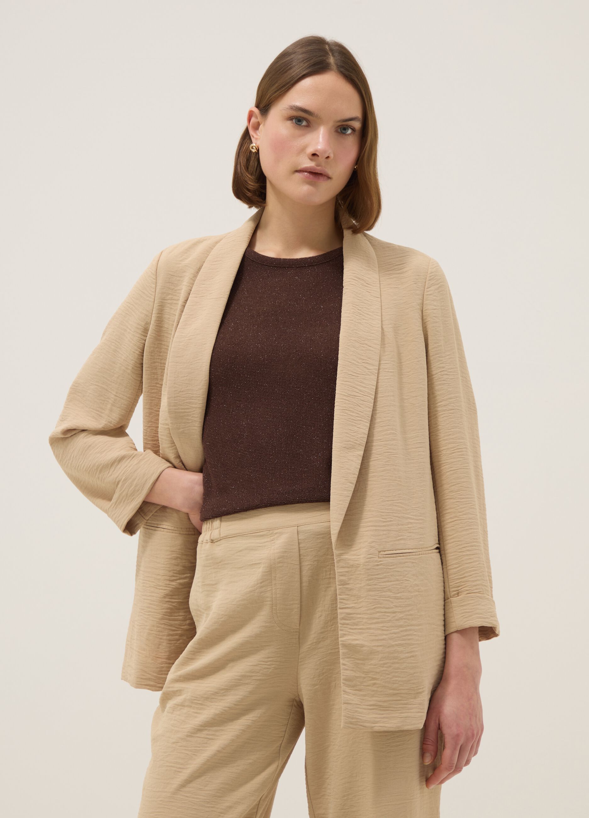 Beige regular-fit buttonless blazer
