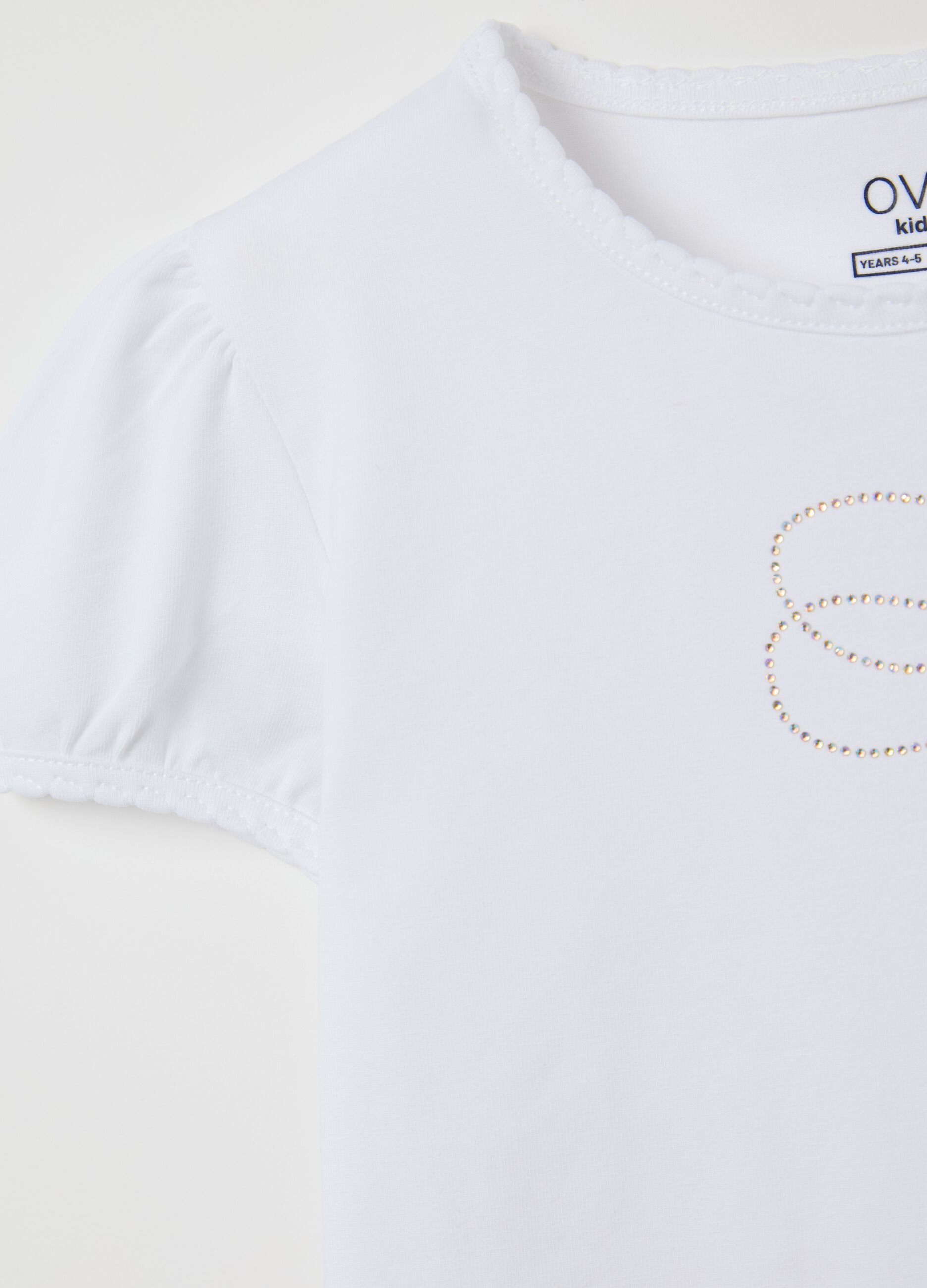 T-shirt bianca in cotone stretch con fiocco di strass