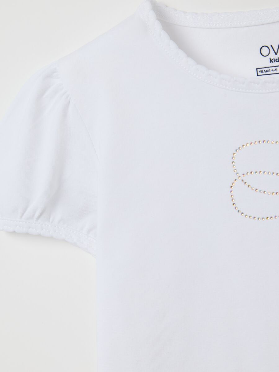 White T-shirt in stretch cotton with diamanté bow_3