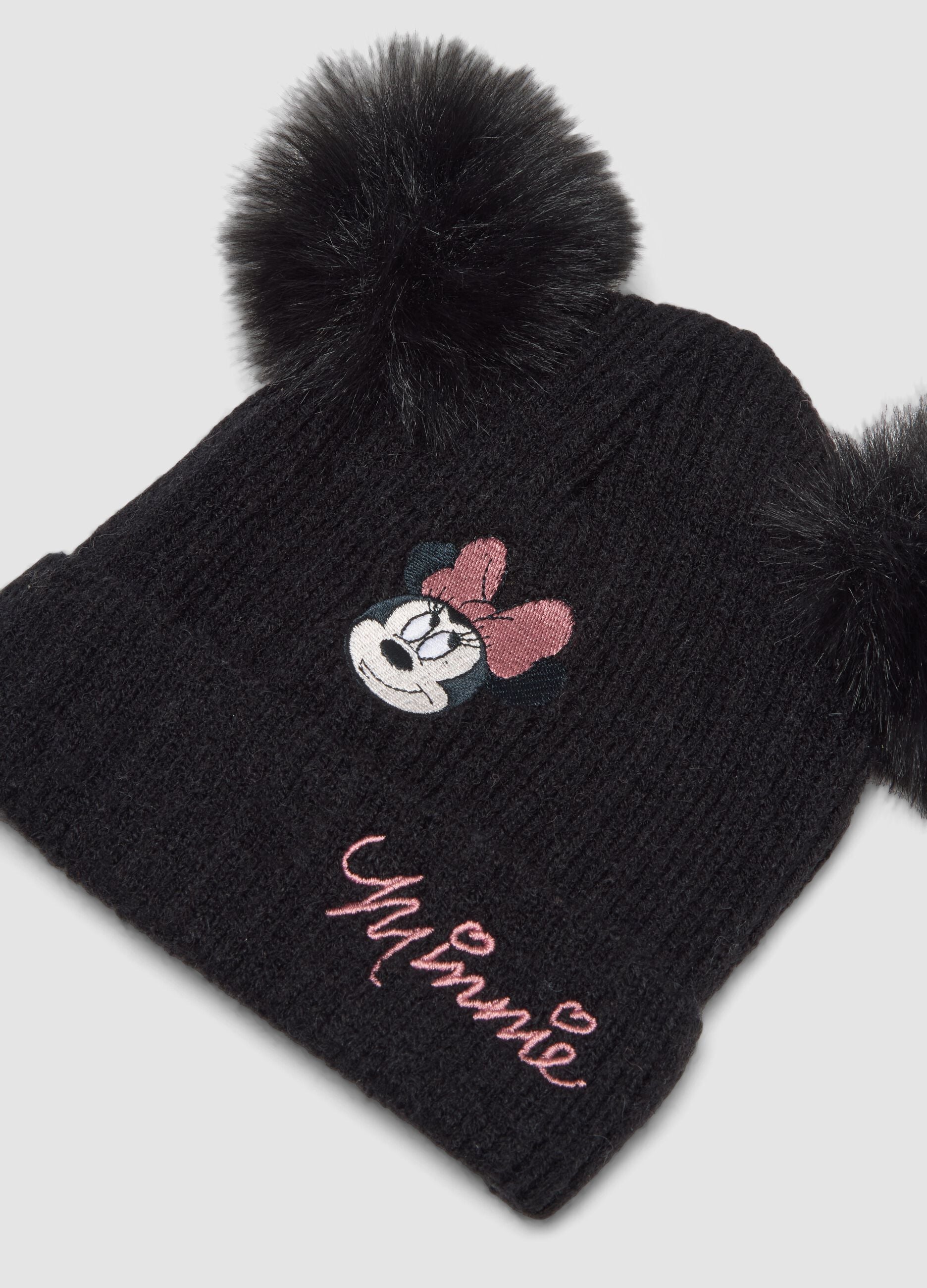 Cappello nero con pompon e ricamo Minnie