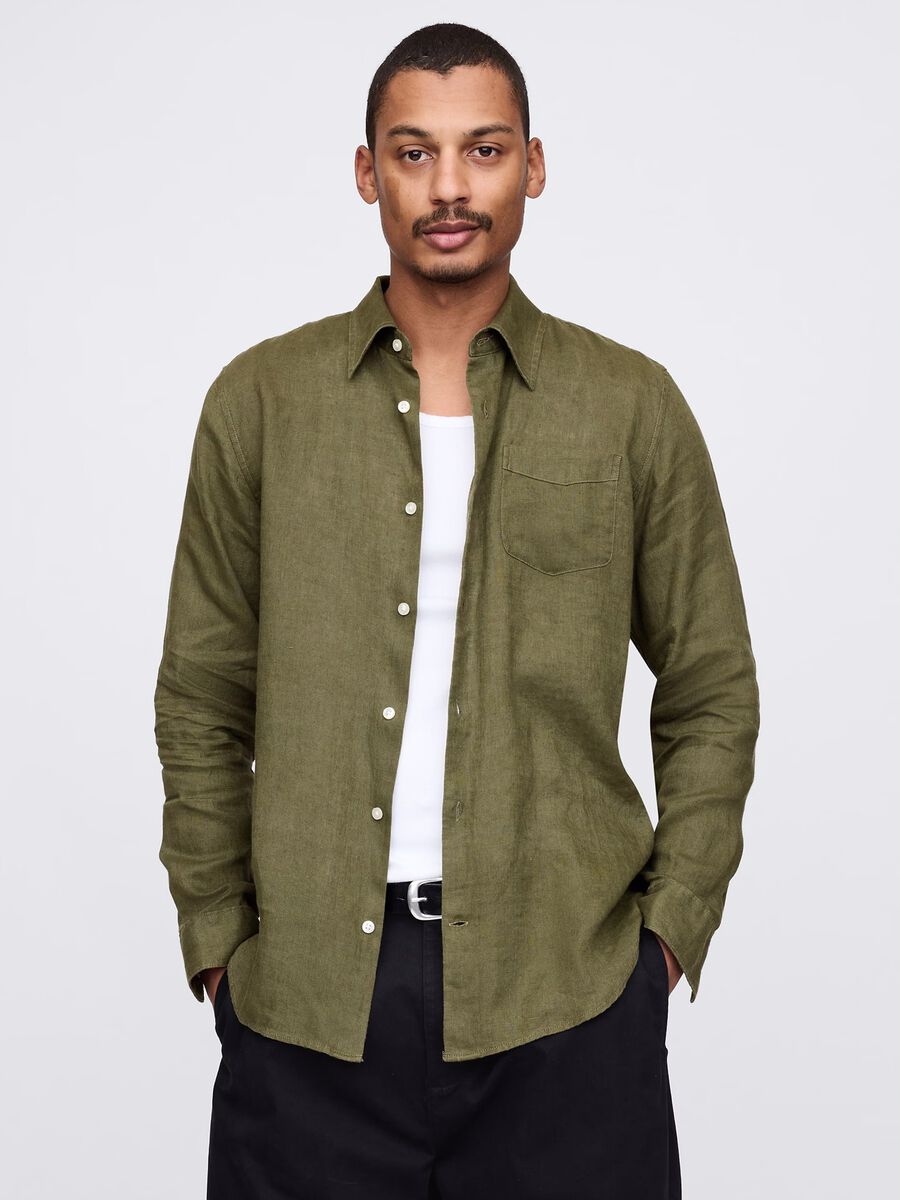 Green shirt with long sleeves in linen_0