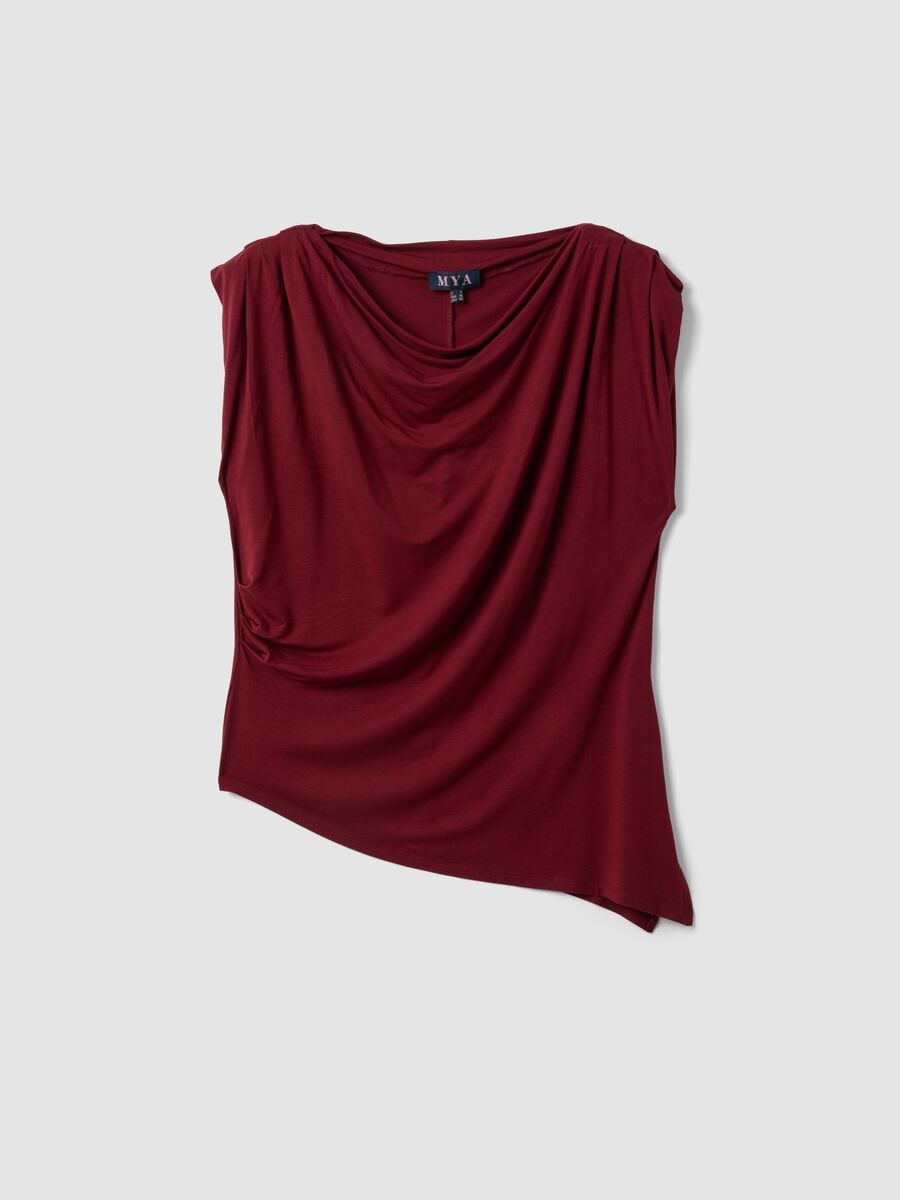 Red stretch viscose T-shirt with draped neckline_4