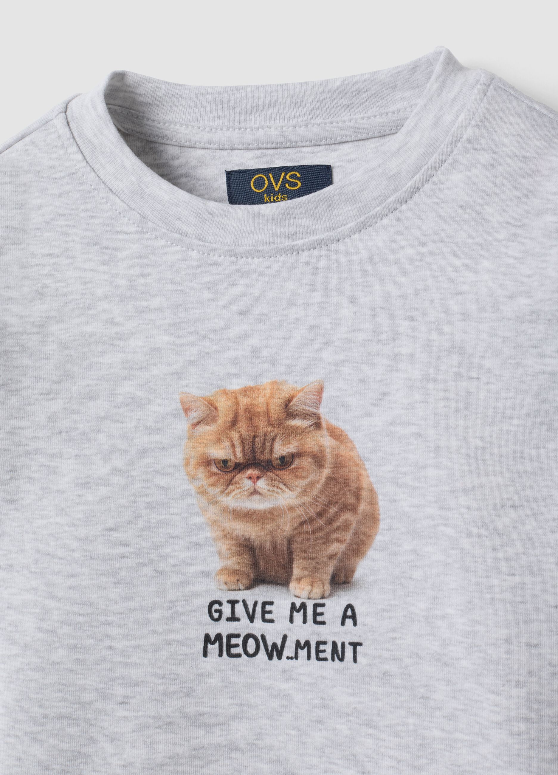 Grey stretch organic cotton T-shirt with ribbed neckline and cat print