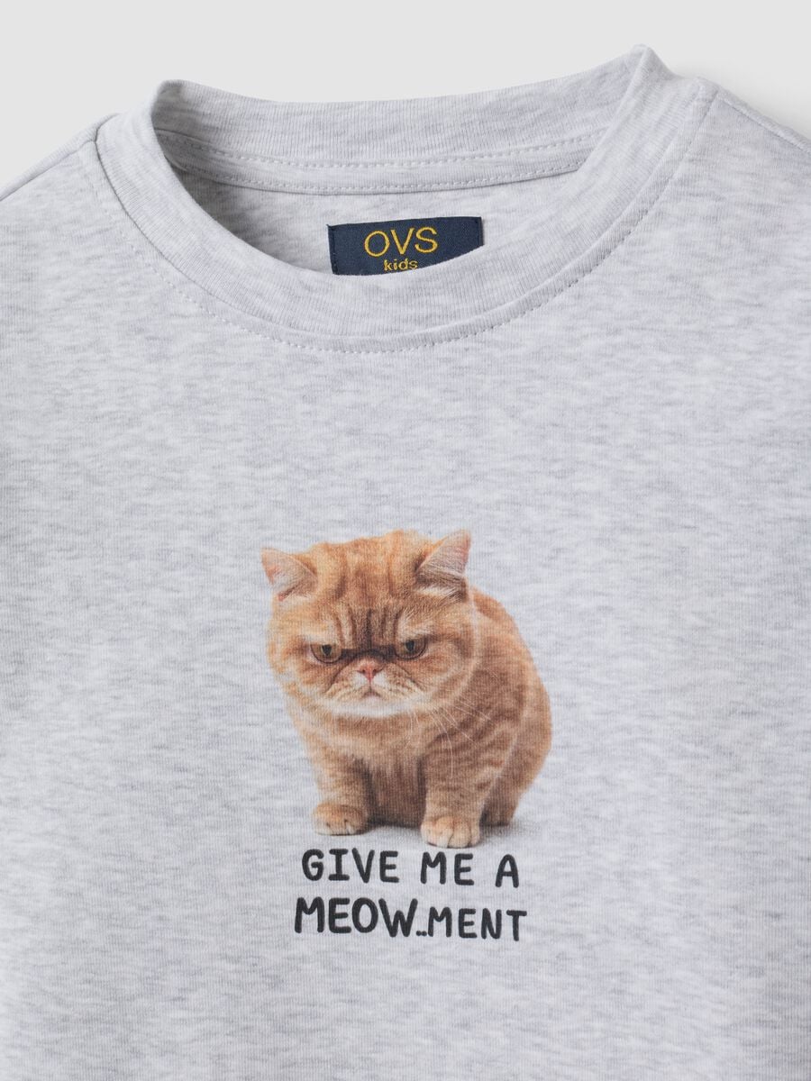 Grey stretch organic cotton T-shirt with ribbed neckline and cat print_5