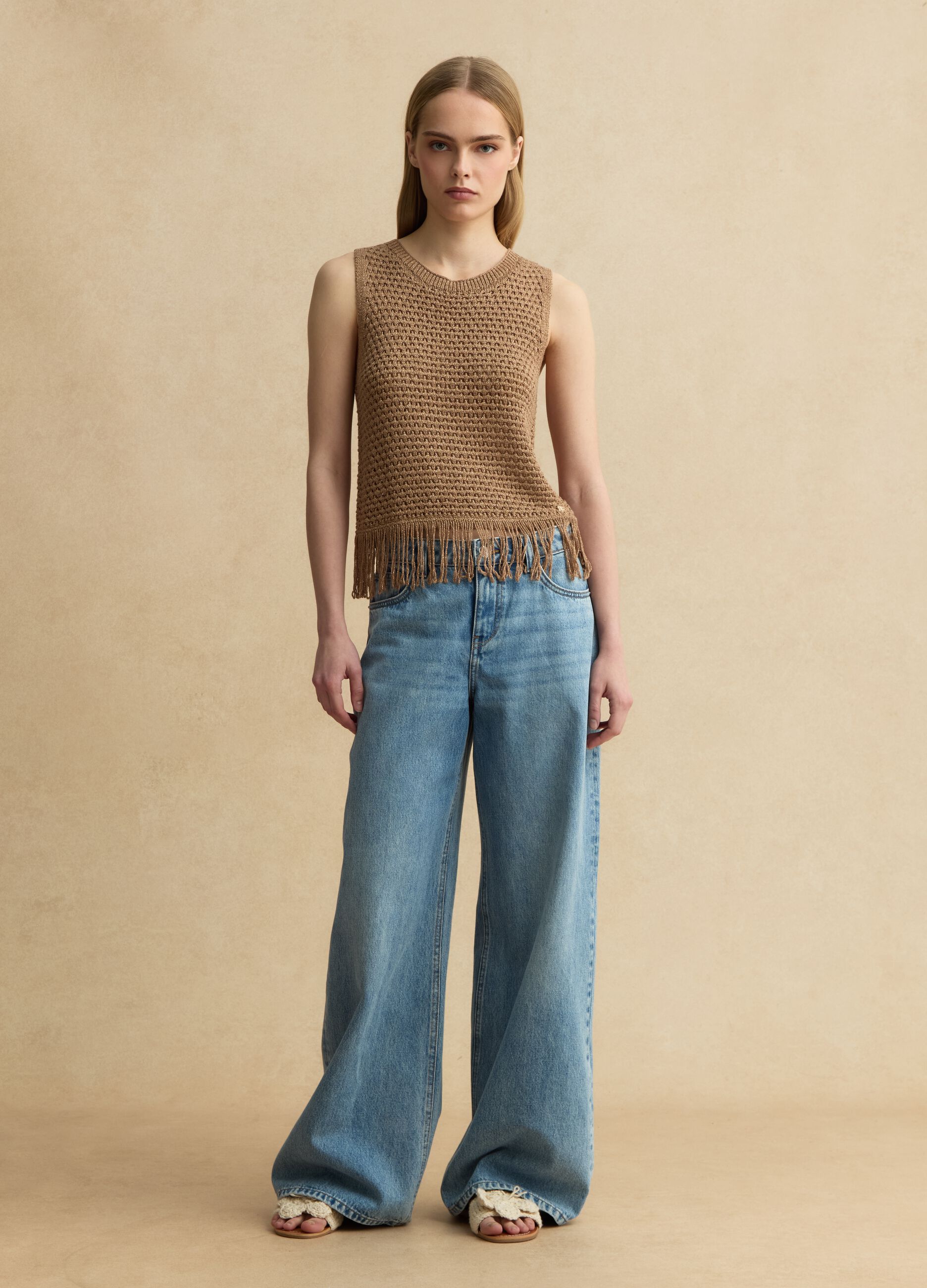 Brown viscose-blend mesh tank top with fringe