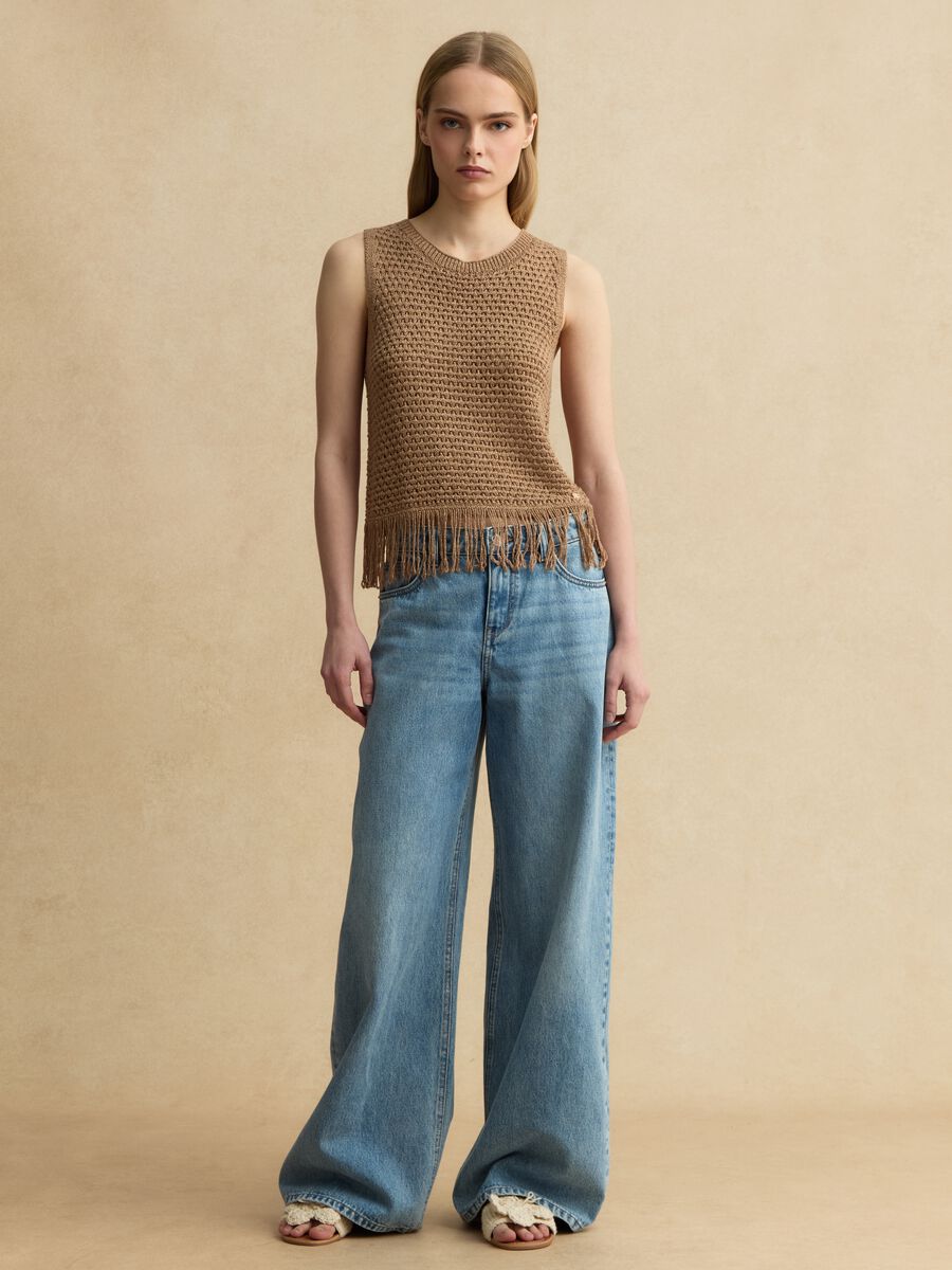 Brown viscose-blend mesh tank top with fringe_2