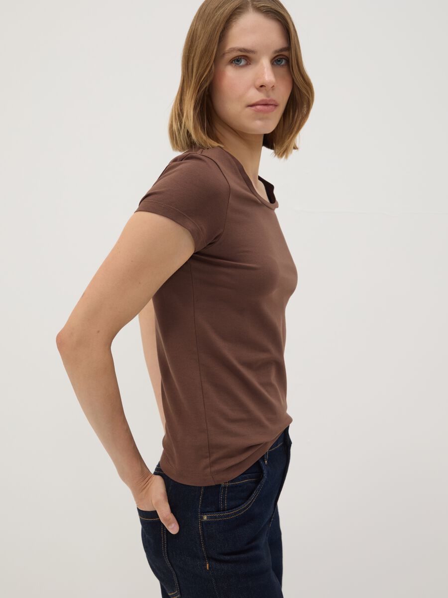 Brown stretch cotton crew-neck T-shirt, regular fit_0