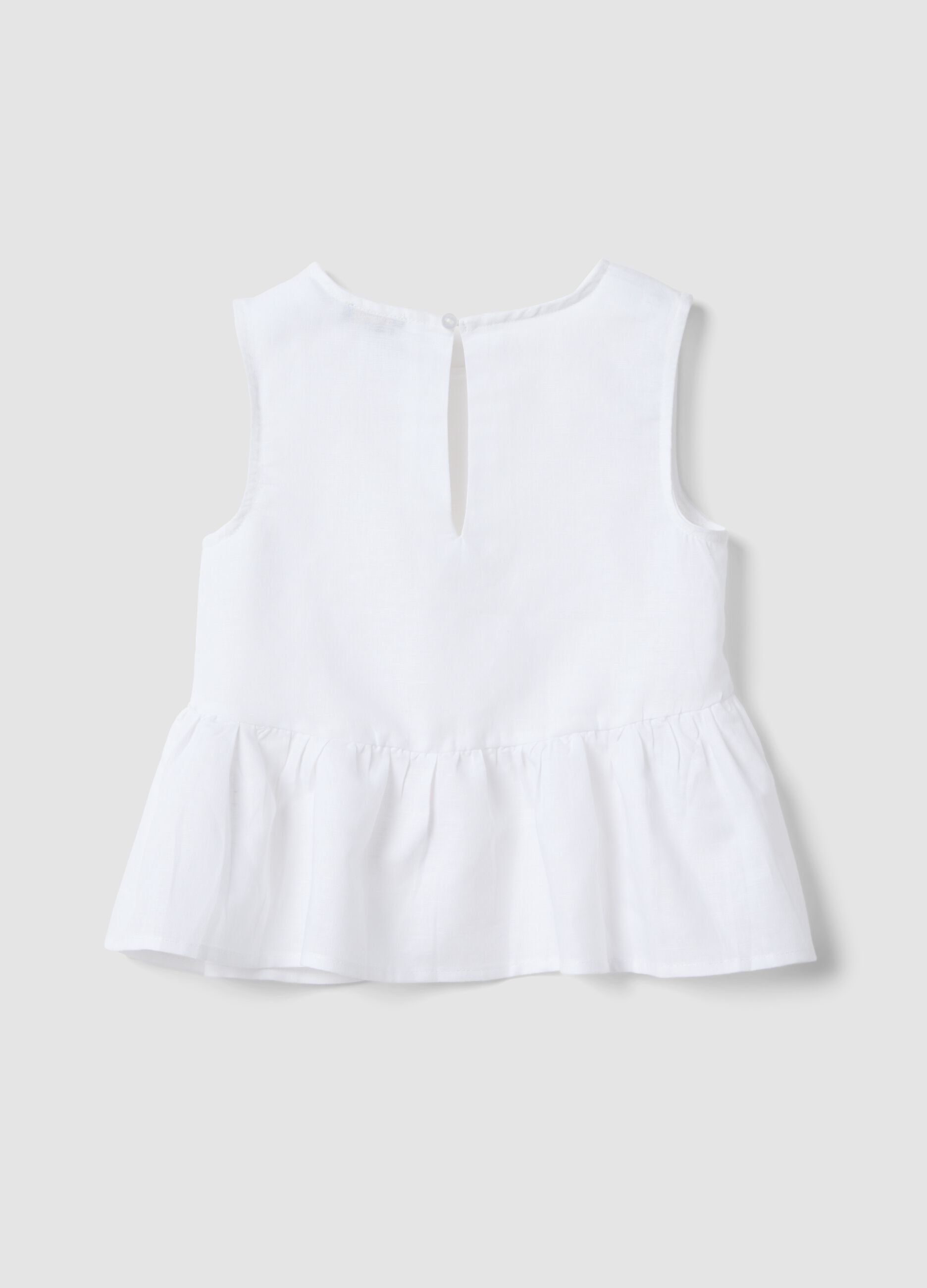White linen-blend cotton top with ruffle hem for girls, regular fit