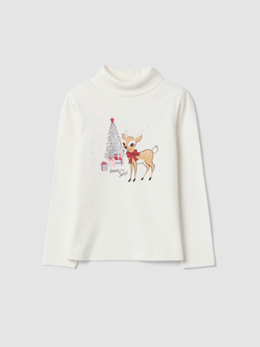 T-shirt bianca in puro cotone dolcevita con stampa_0