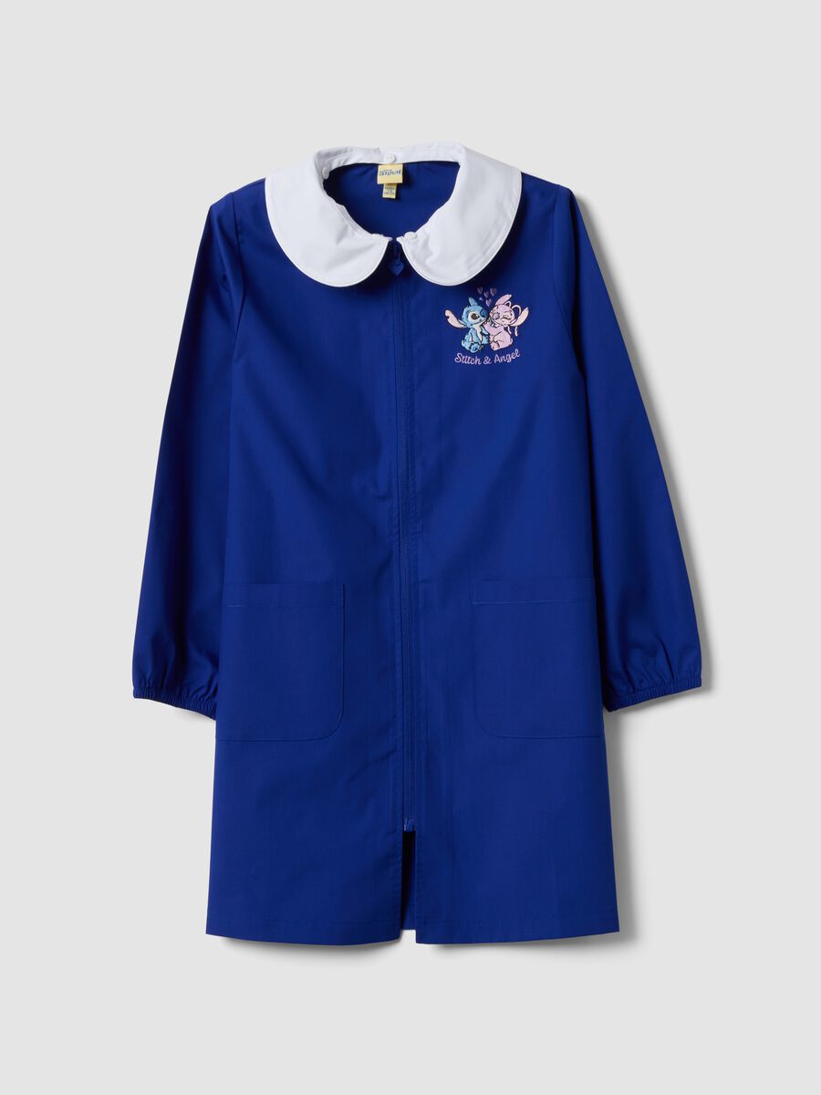 Blue girls&rsquo; school apron with white collar and Stitch embroidery_0