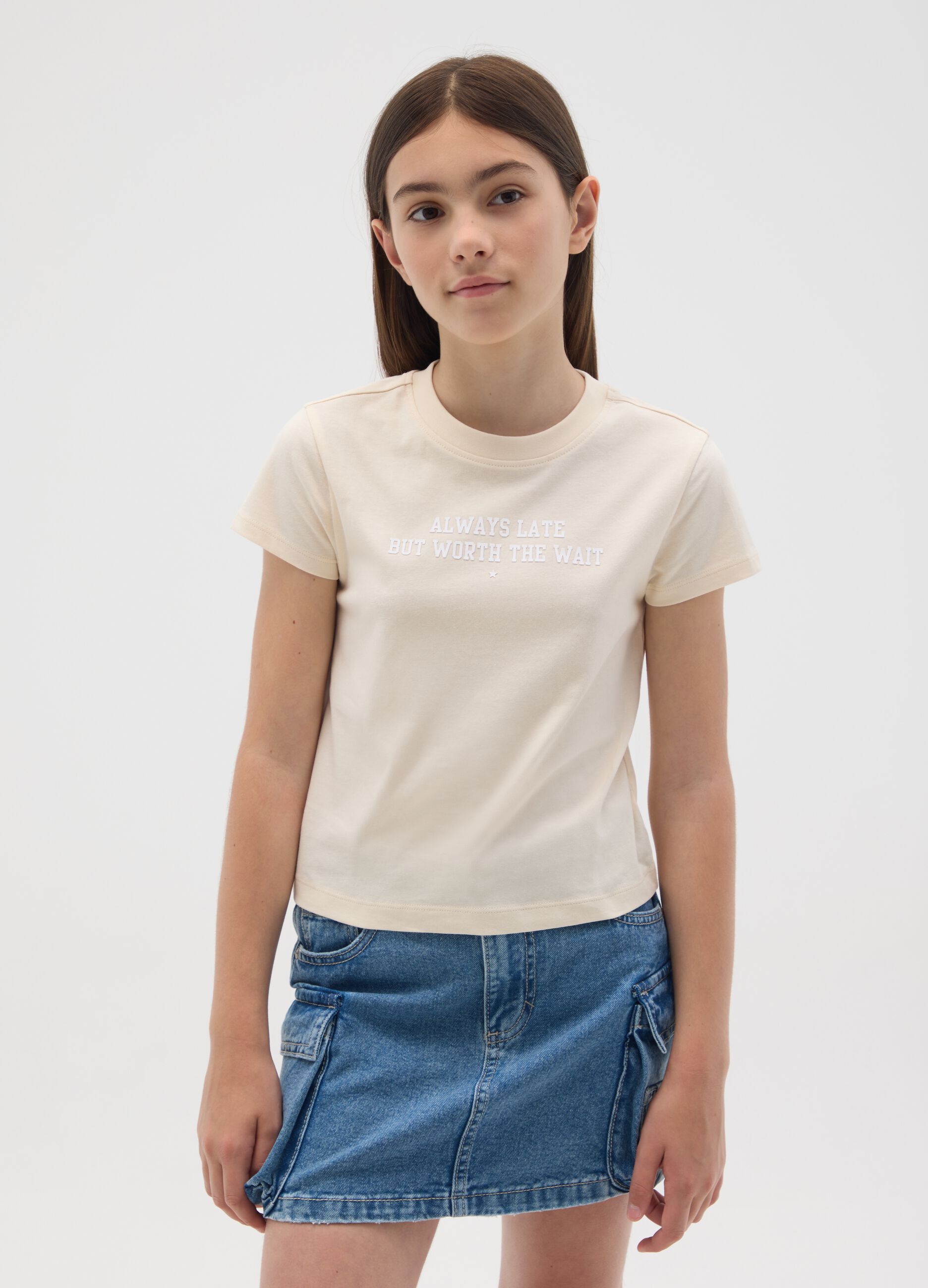 Girls' beige cotton T-shirt regular fit