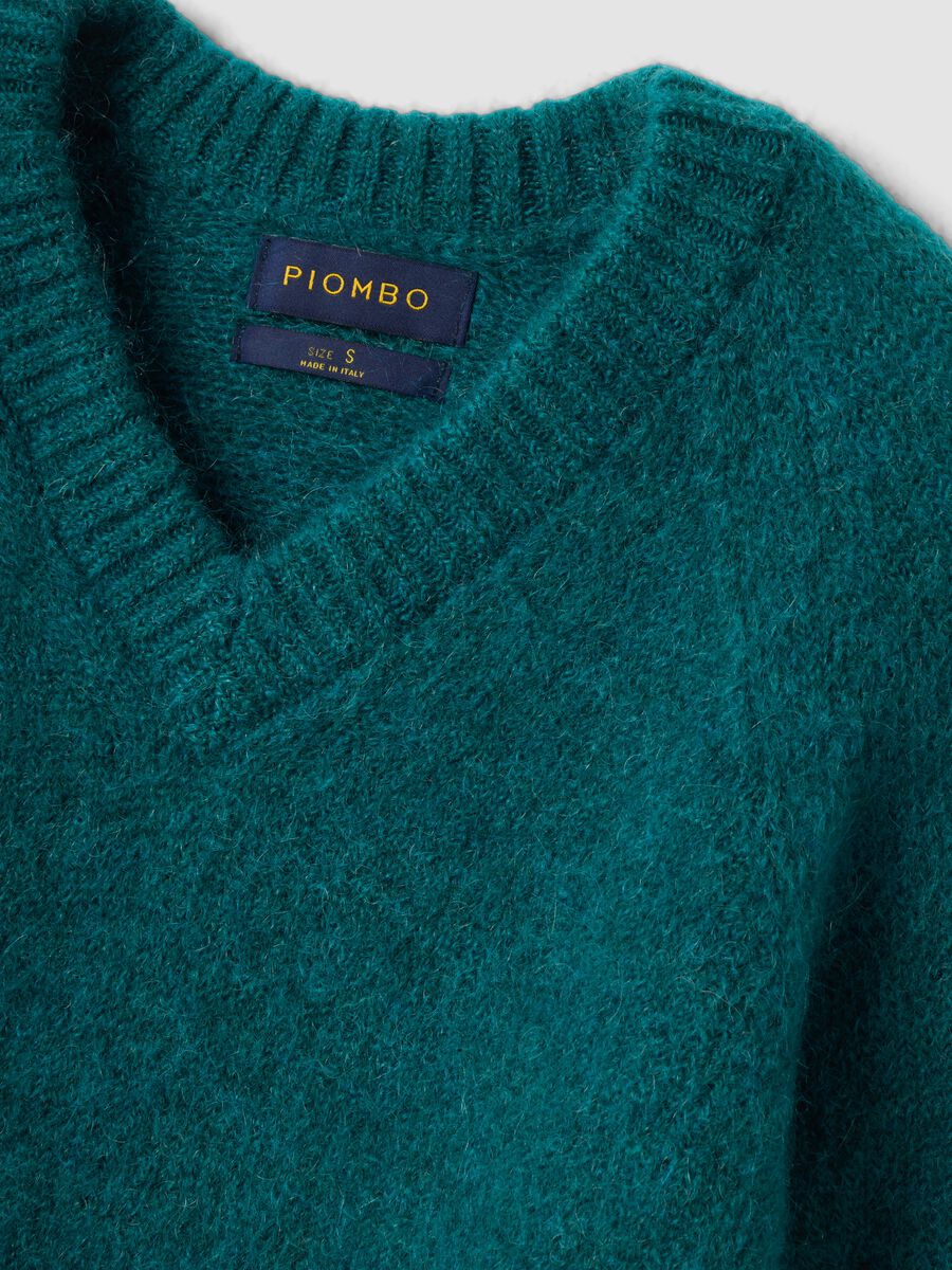 Oversized teal-green V-neck jumper in stretch mohair and merino wool_1