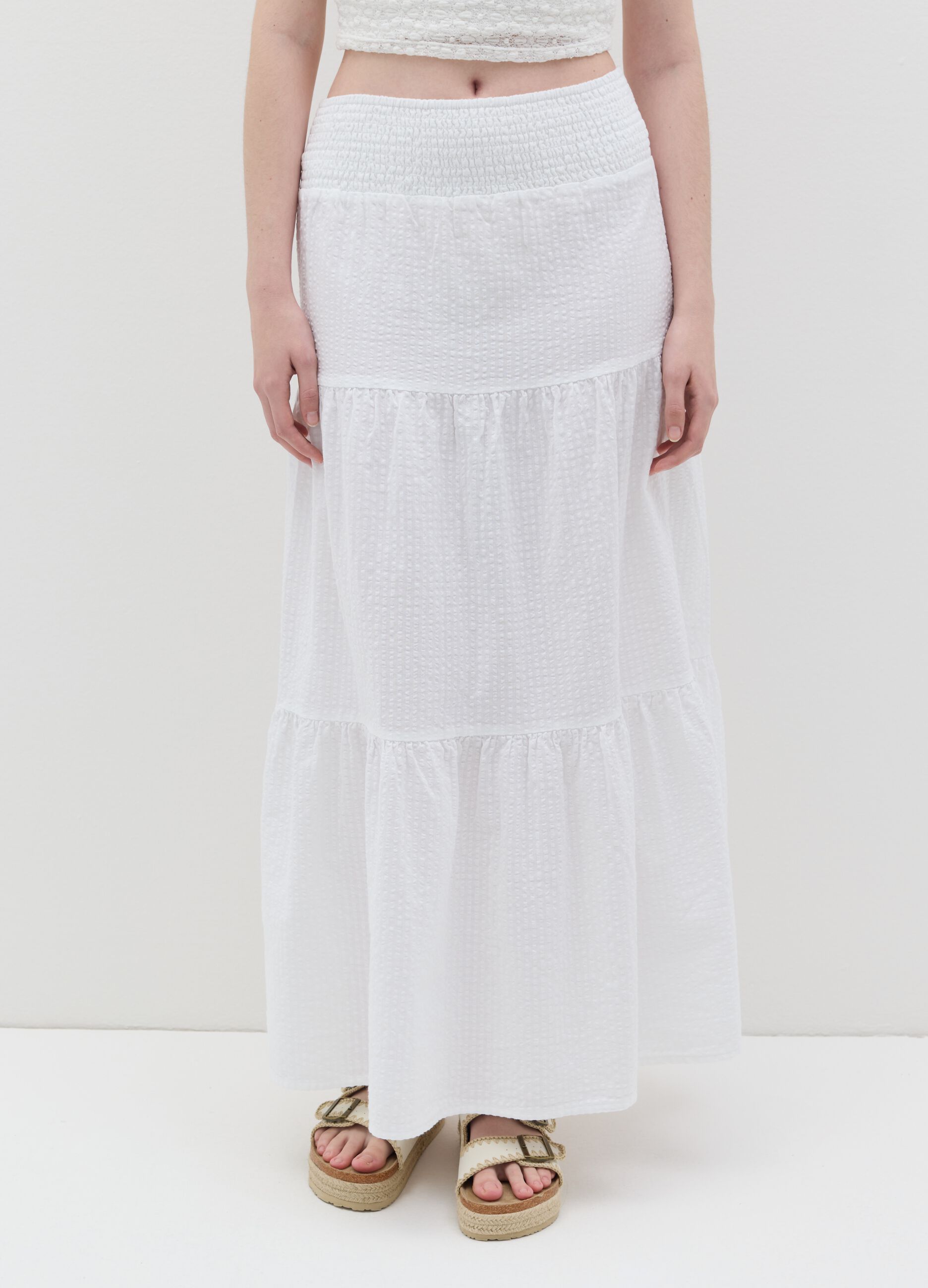 Long white tiered skirt in seersucker