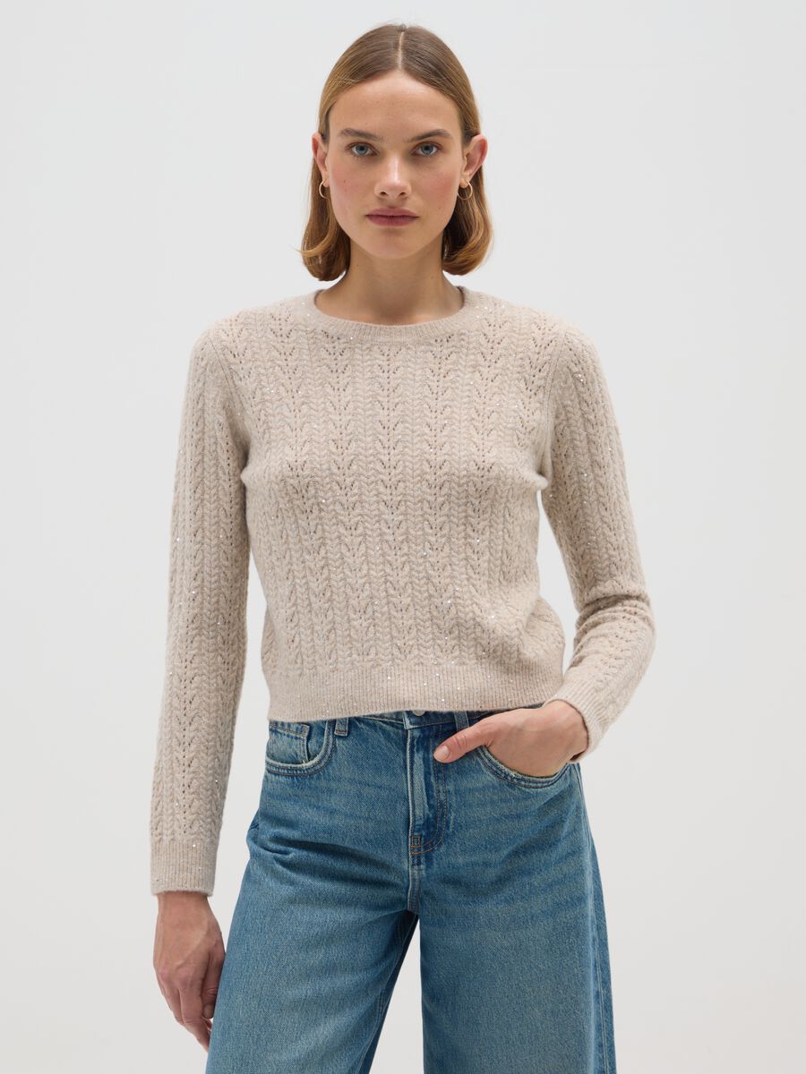 Maglione beige regular fit con paillettes_0
