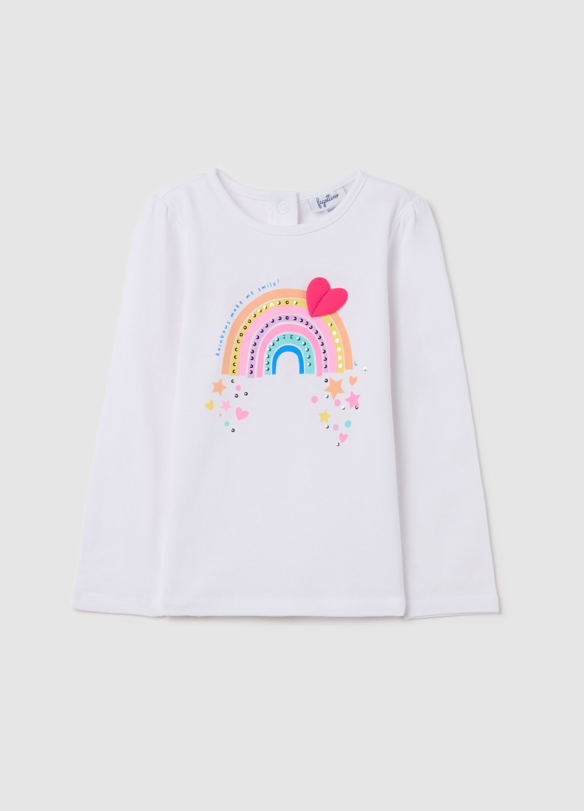 Long-sleeved T-shirt with diamantés and rainbow print