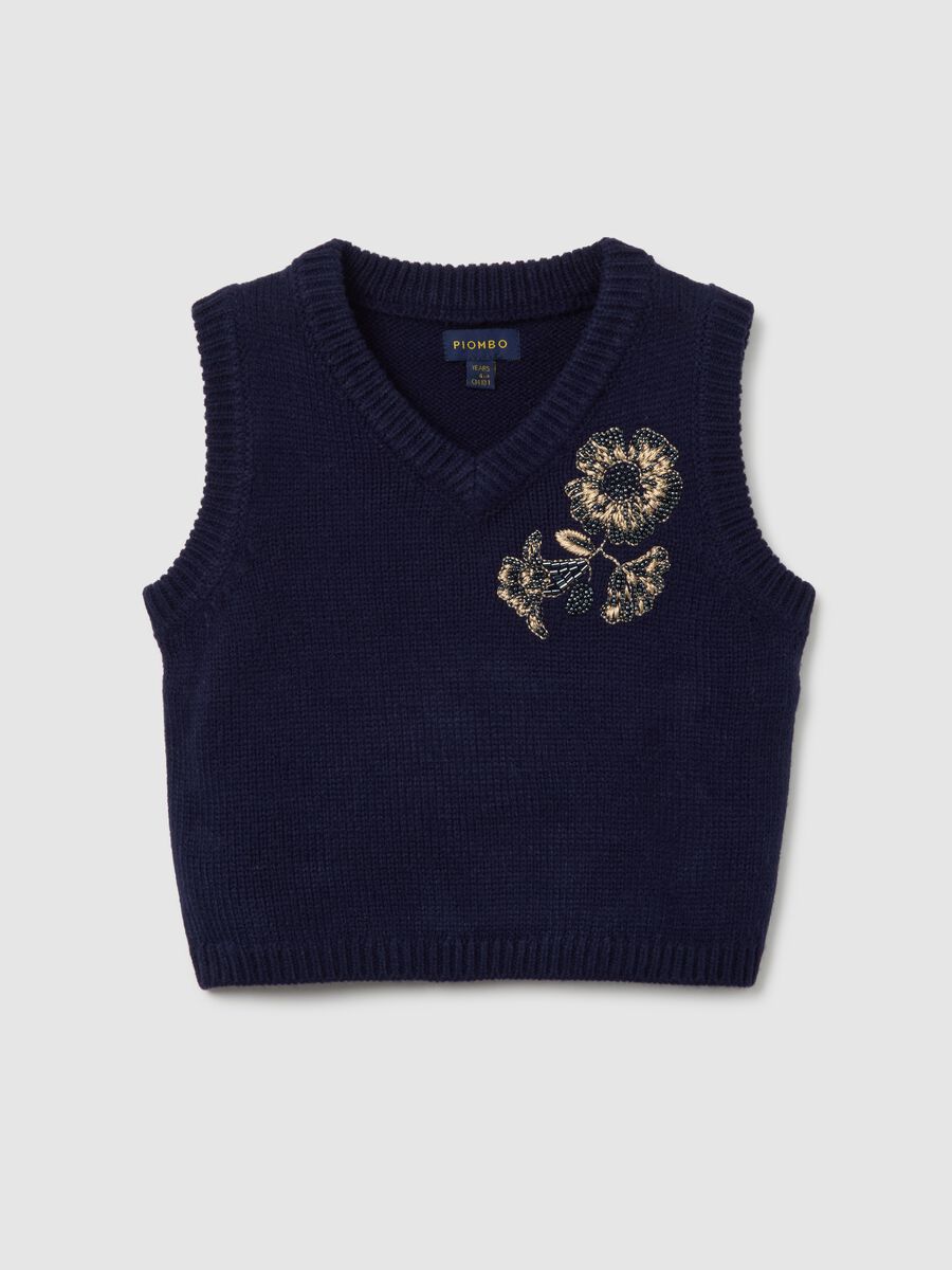 Girls' hand-embroidered blue waistcoat with V-neck regular fit_0
