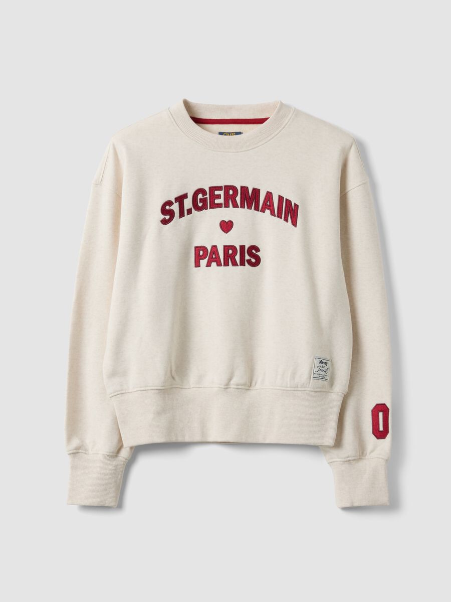 Felpa beige in misto cotone a girocollo con stampa Paris per ragazza_0