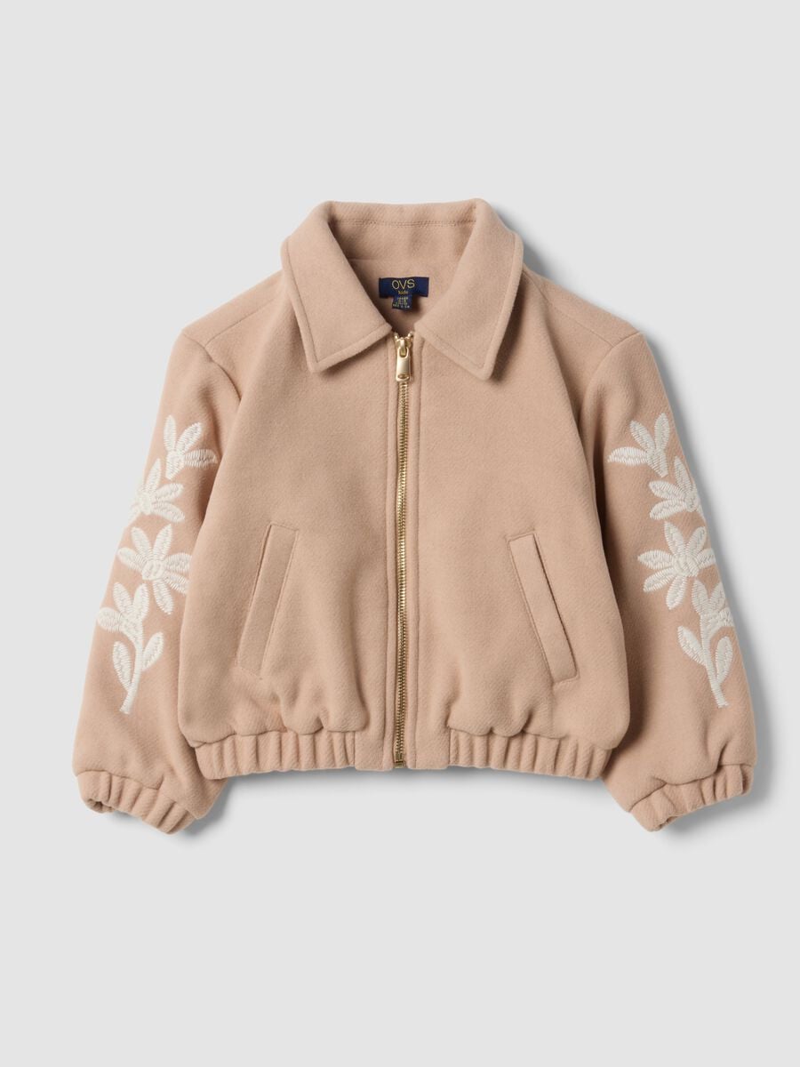 Beige wool-blend jacket with zip and floral embroidery_0