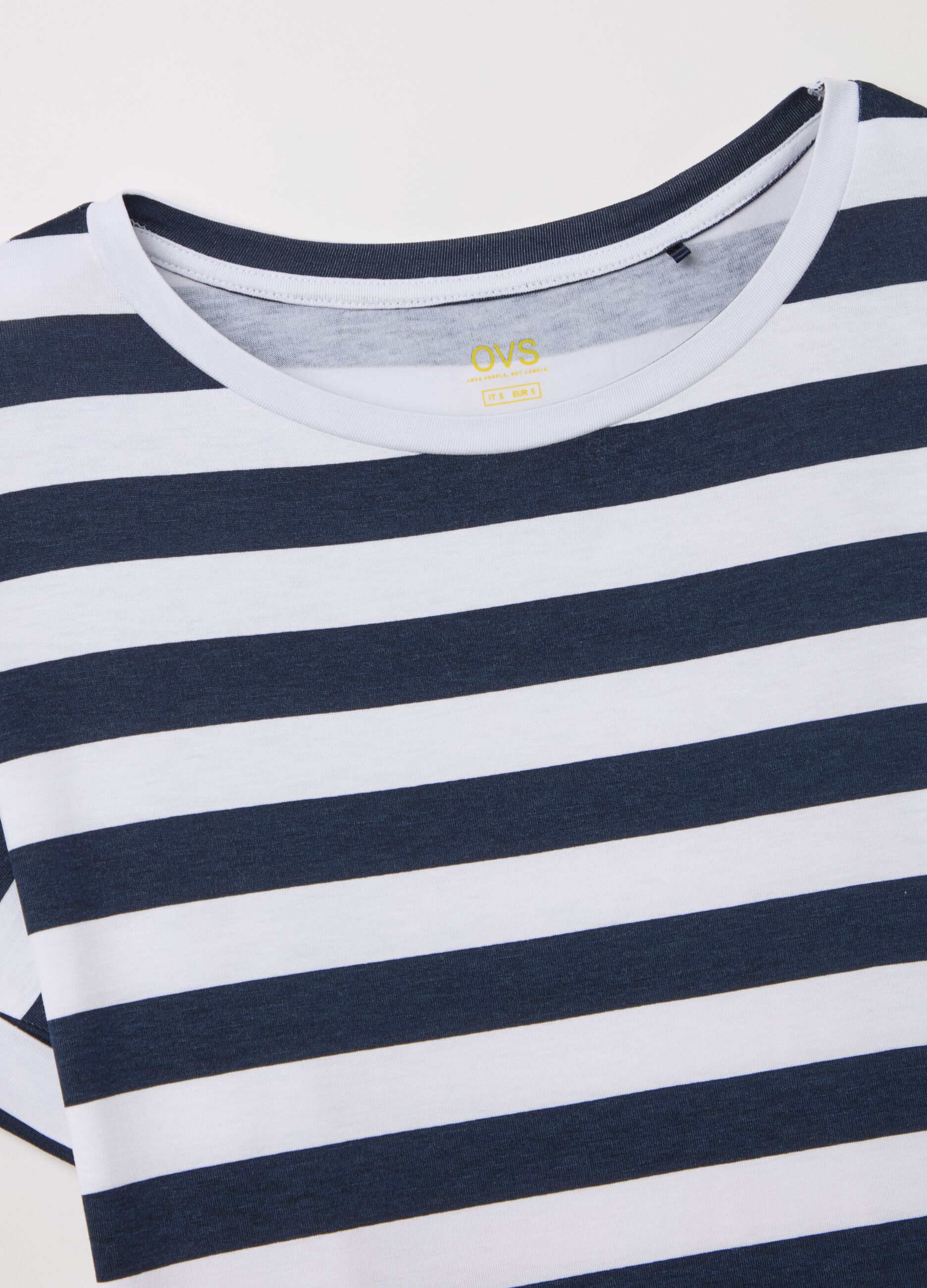 Blue and white striped T-shirt with short sleeves