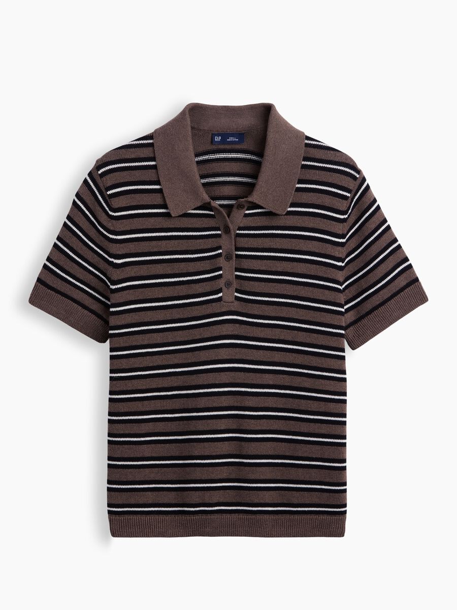 Brown pure cotton striped polo knit top_3