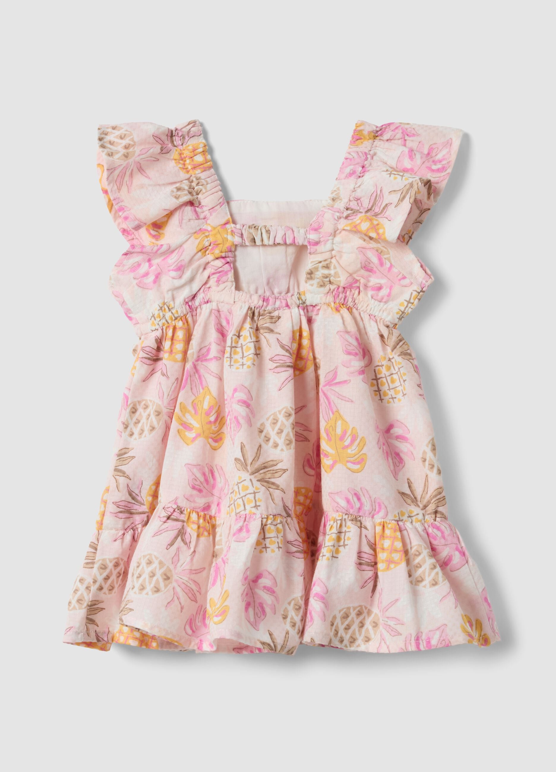 Pink pure cotton dress with tropical print