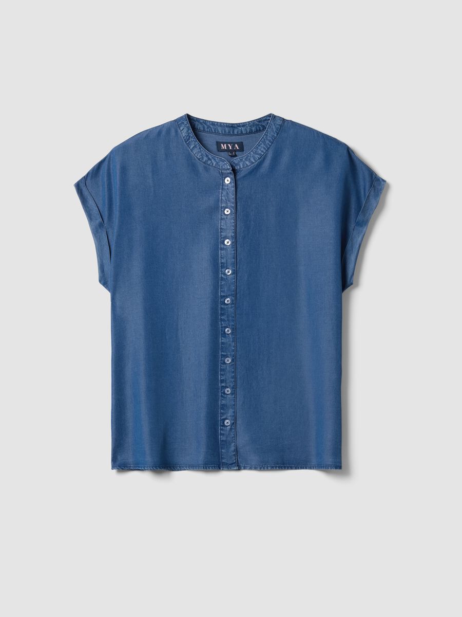 Camicetta in puro lyocell blu regular fit con collo alla coreana_4