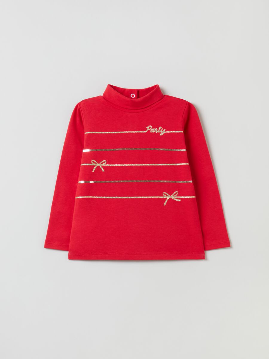 T-shirt a collo alto con glitter e paillettes_0