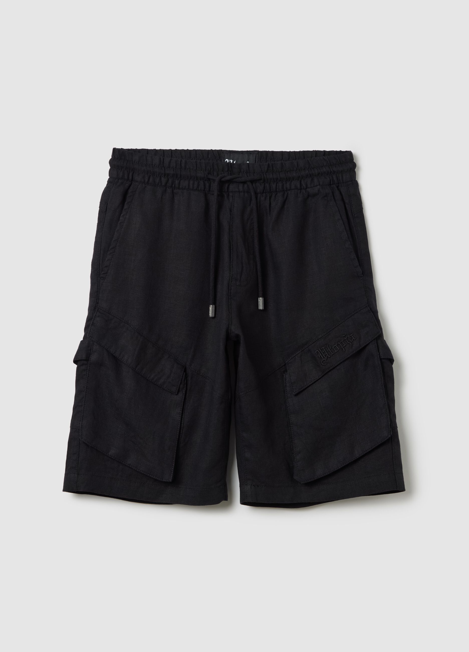 100% Linen Black Cargo Shorts