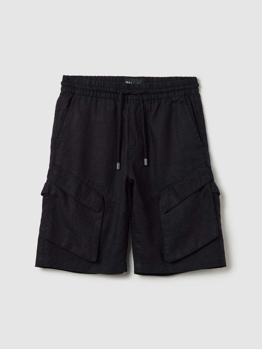 100% Linen Black Cargo Shorts_4