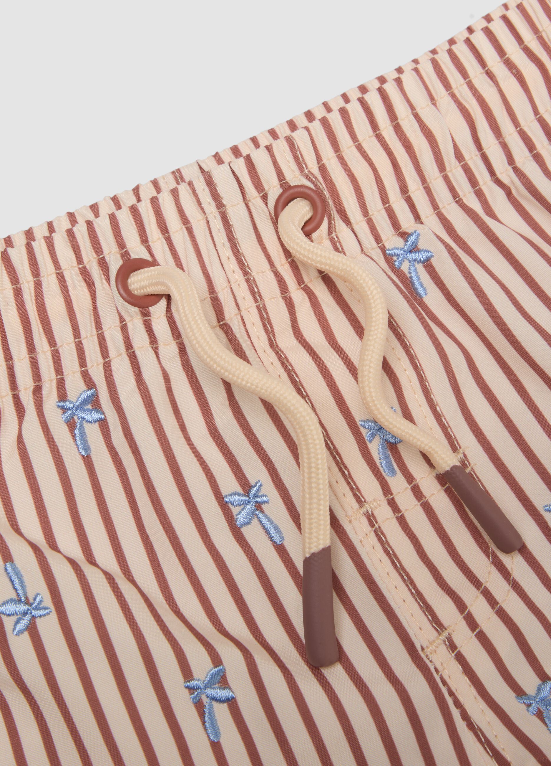 Baby Pink Striped Boxer Swim Shorts with Embroidery