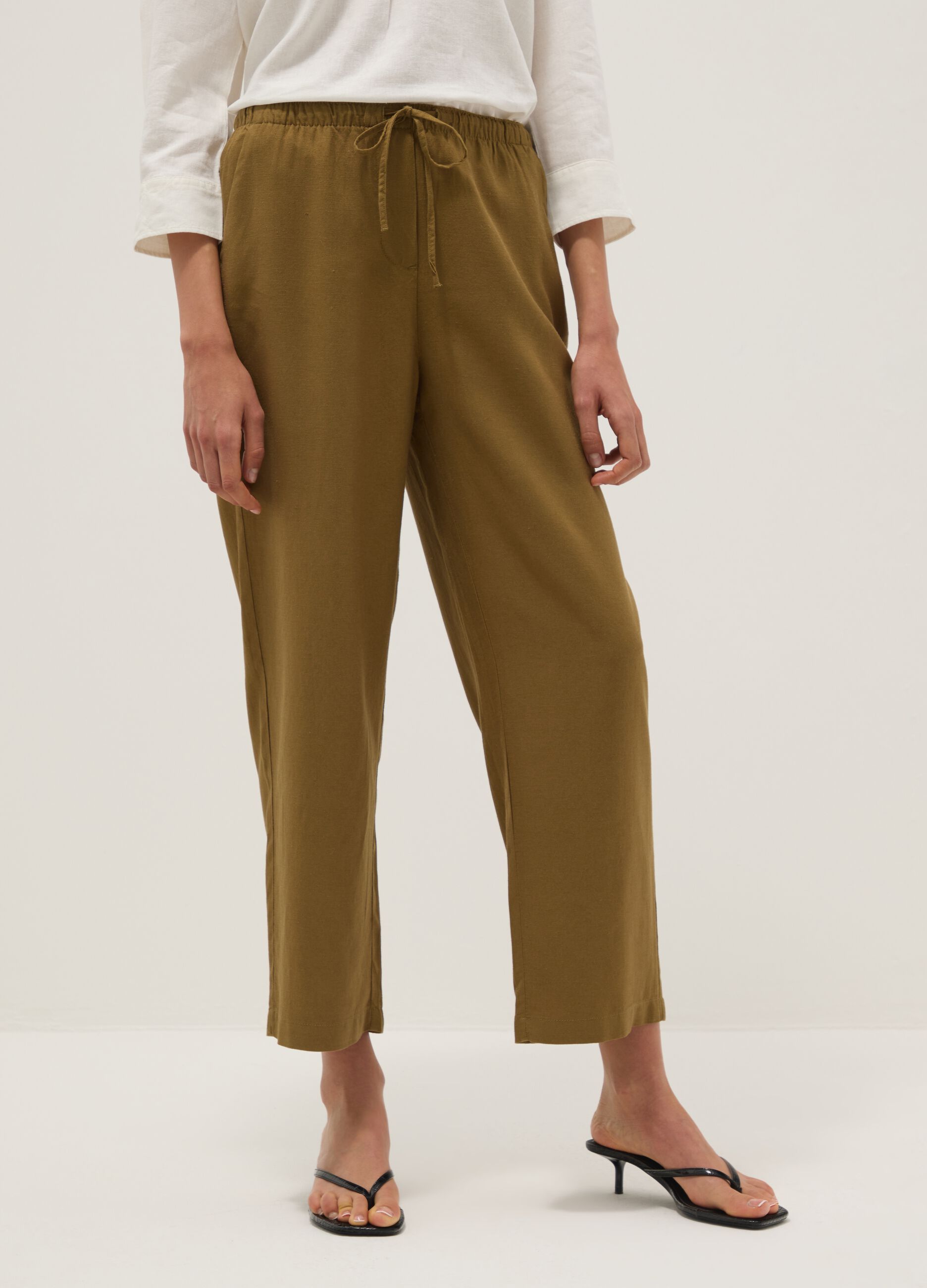 Brown viscose-linen blend straight-fit trousers with drawstring