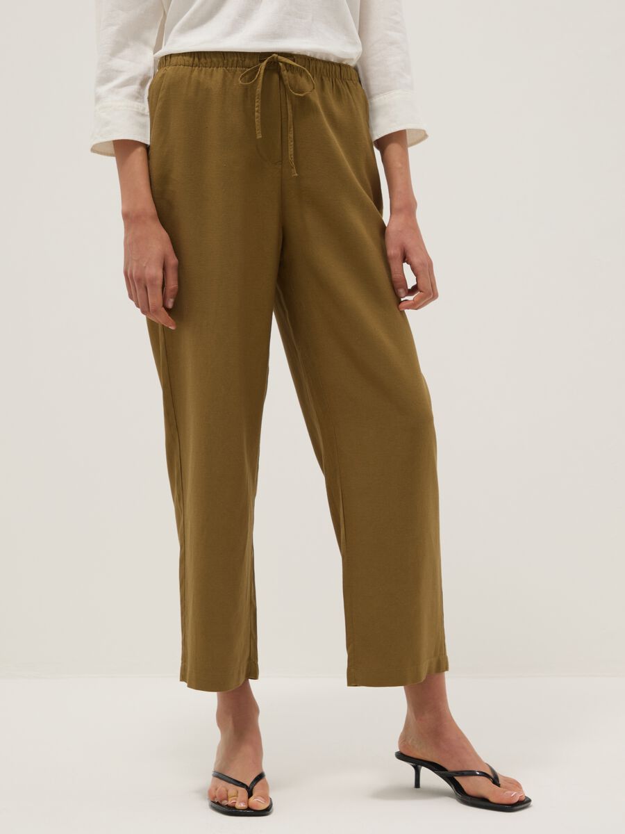 Pantaloni in misto viscosa e lino marroni straight fit con coulisse_1