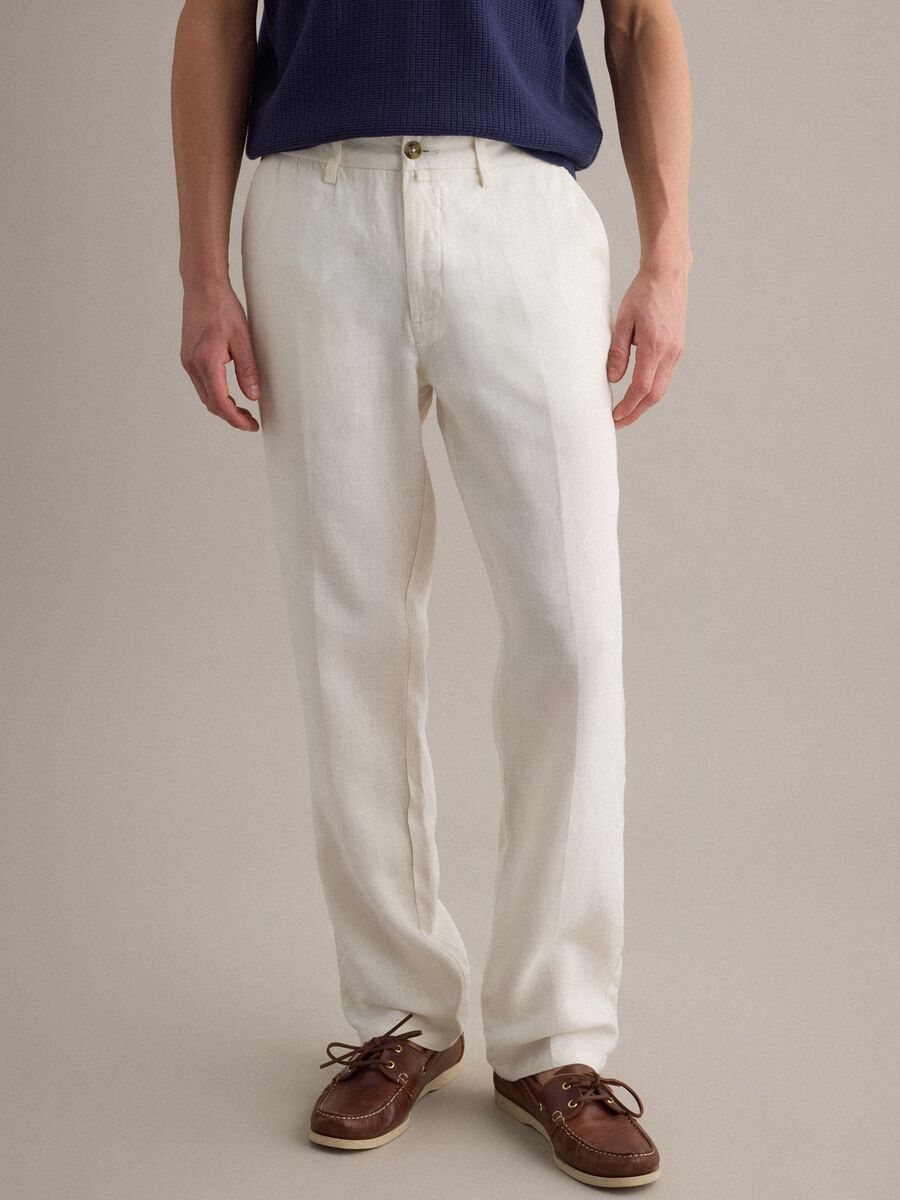 Pantaloni chino in puro lino bianchi regular fit_1