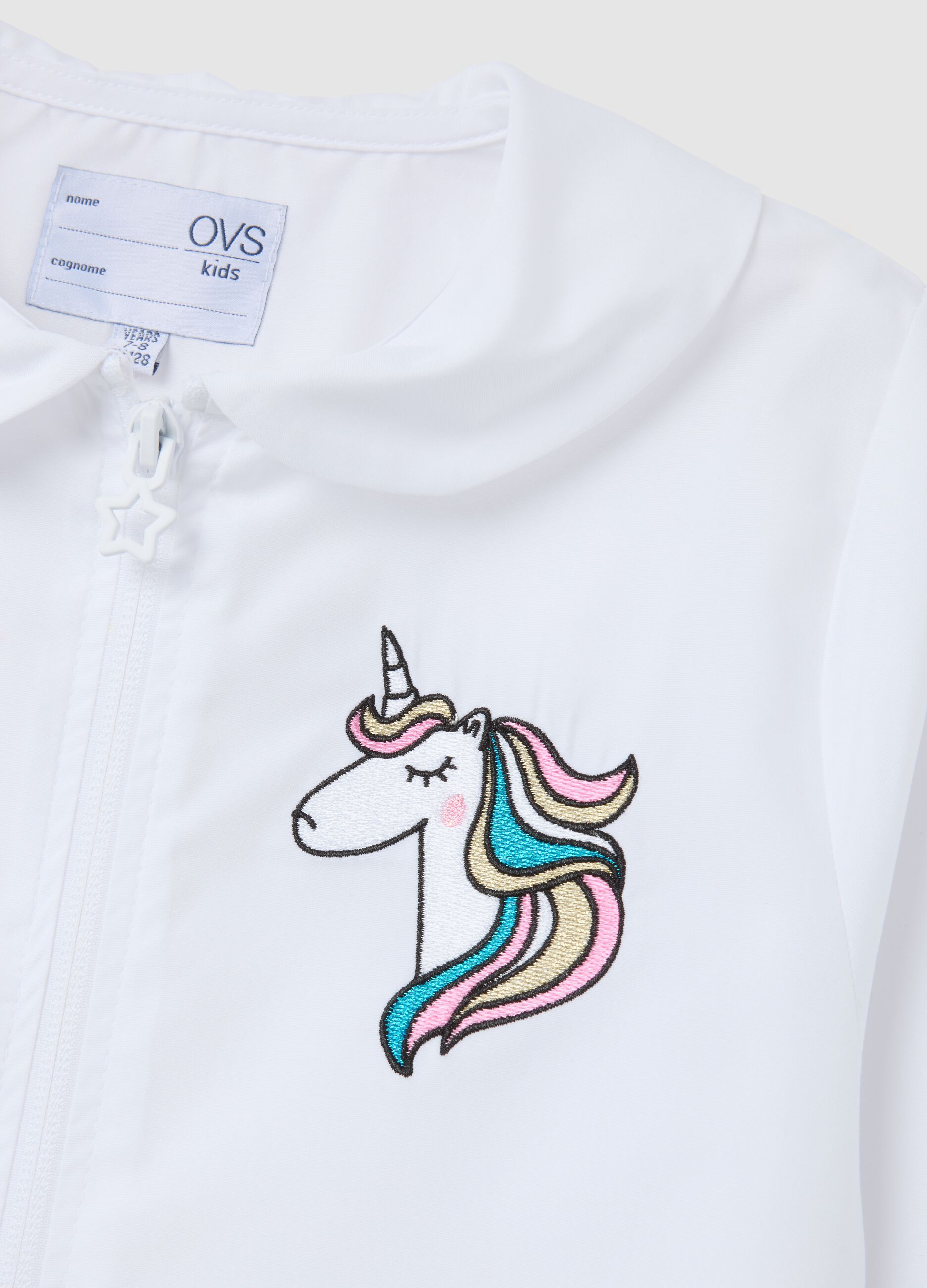Girls' white cotton blend smock with unicorn
