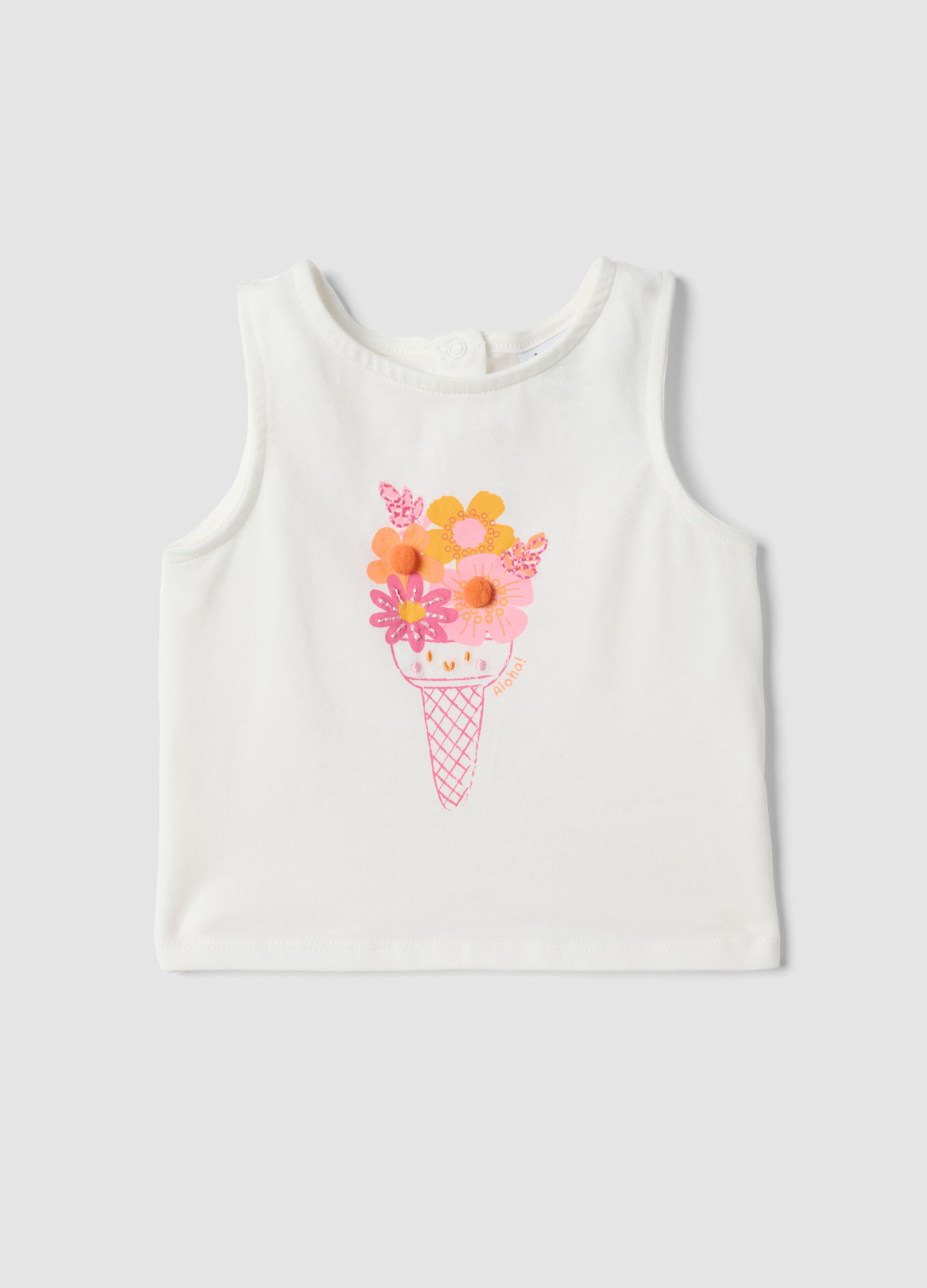 White fitted stretch cotton tank top with floral print for baby girl