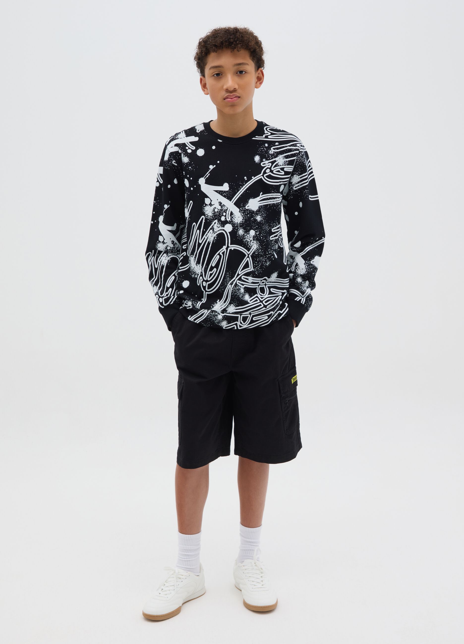 Black cotton denim cargo shorts