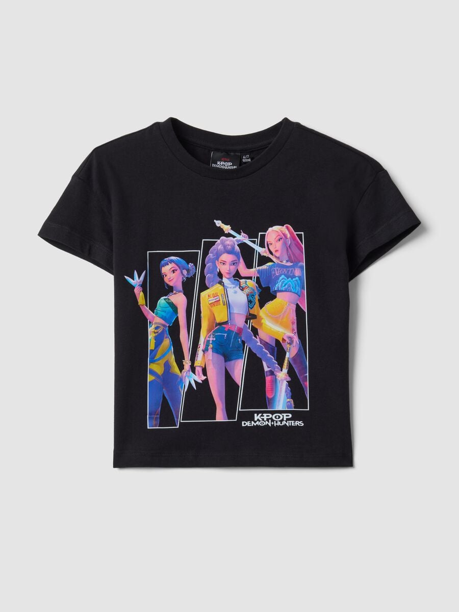 Black pure cotton T-shirt with K-Pop Demon Hunters print for girls_0