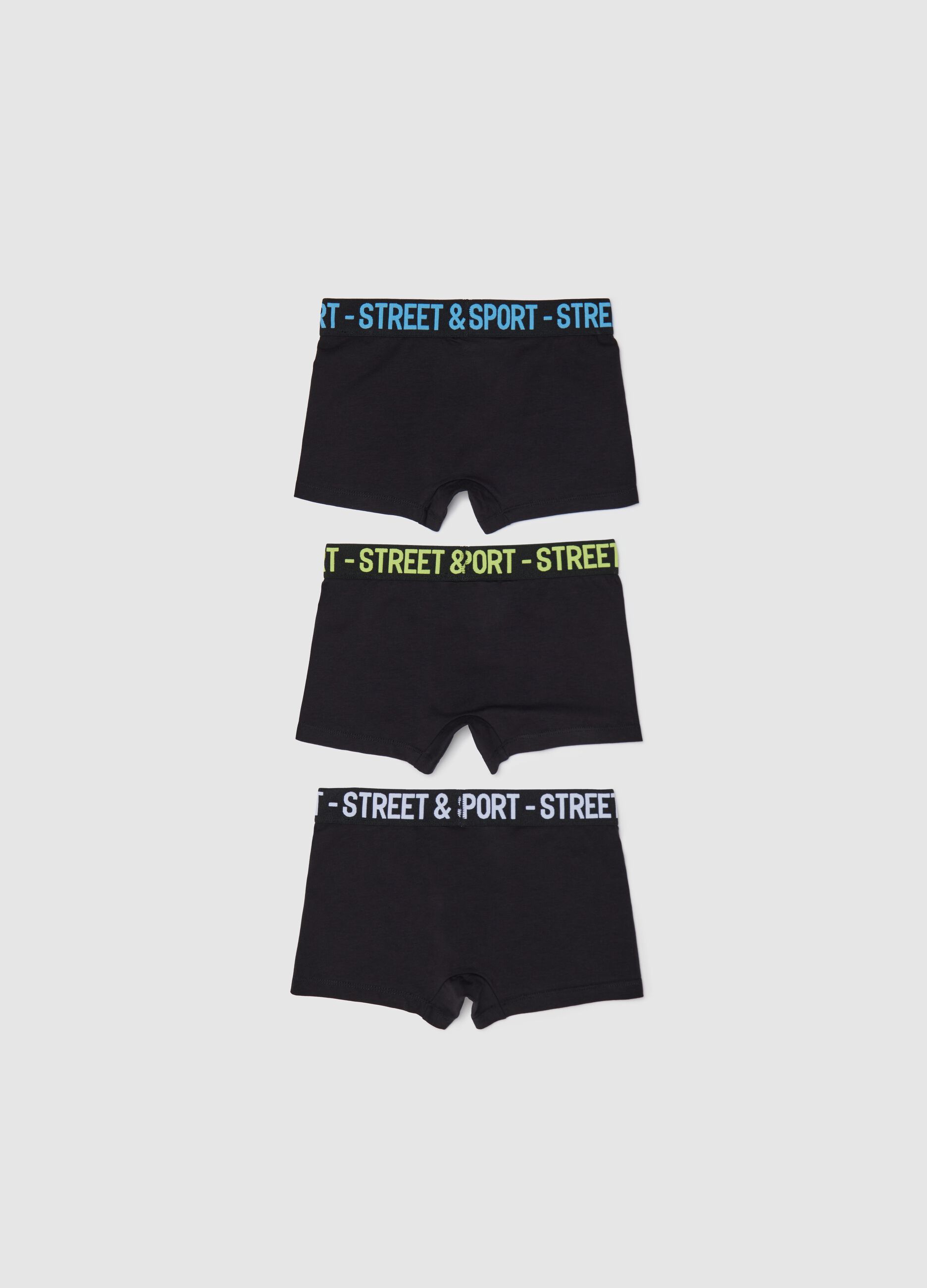 Three-pack black boxer shorts in stretch cotton with lettering