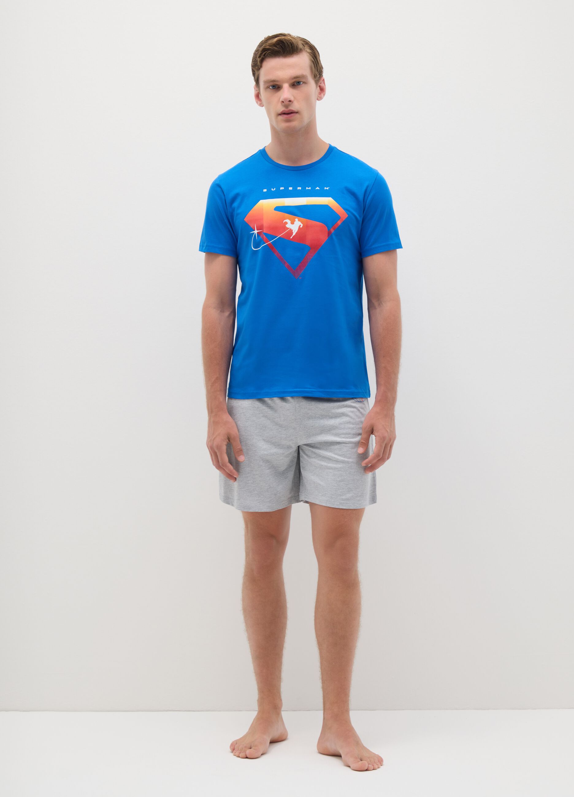 Men's Blue Pure Cotton Superman Graphic Pyjama Set