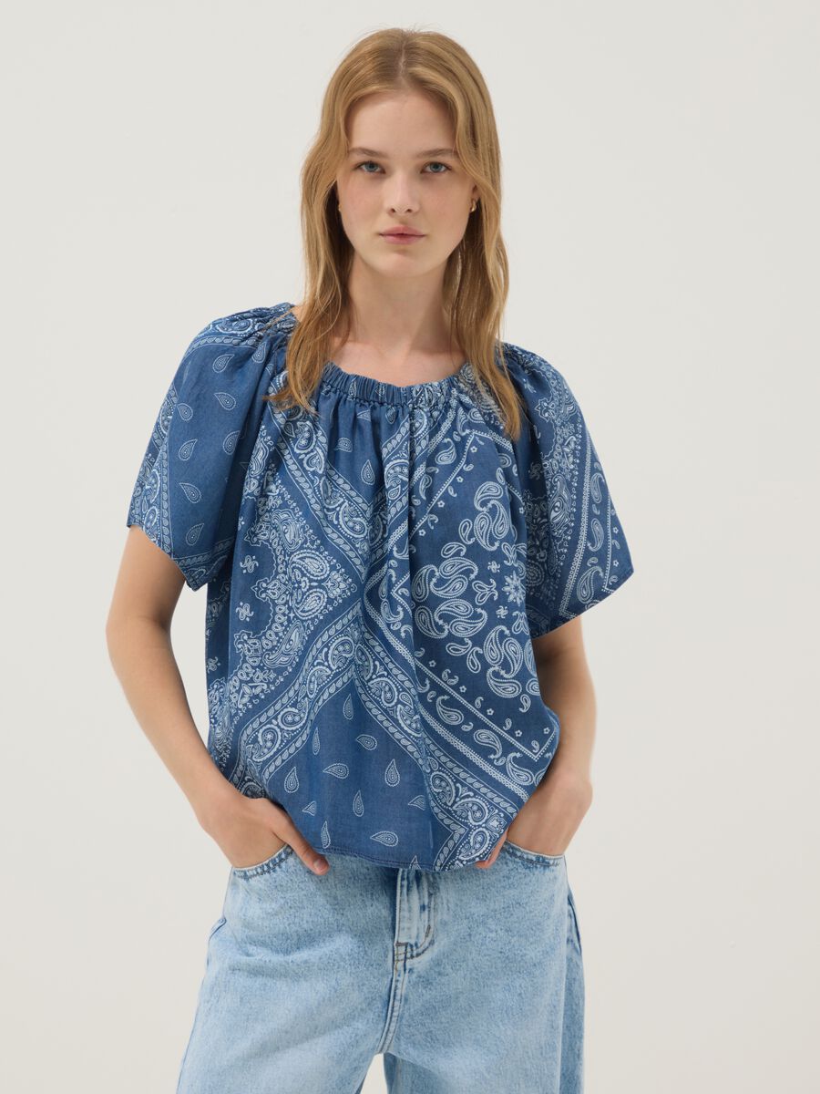 Blue pure lyocell paisley print blouse, regular fit_1
