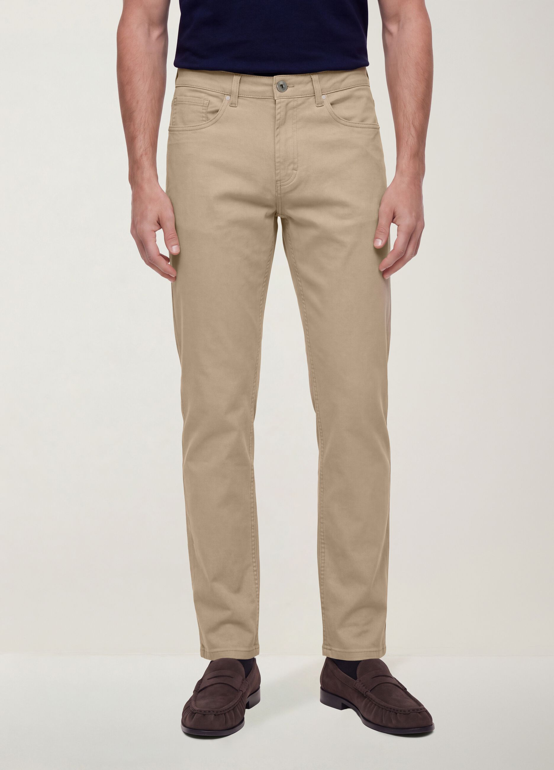 Beige regular-fit stretch cotton twill trousers
