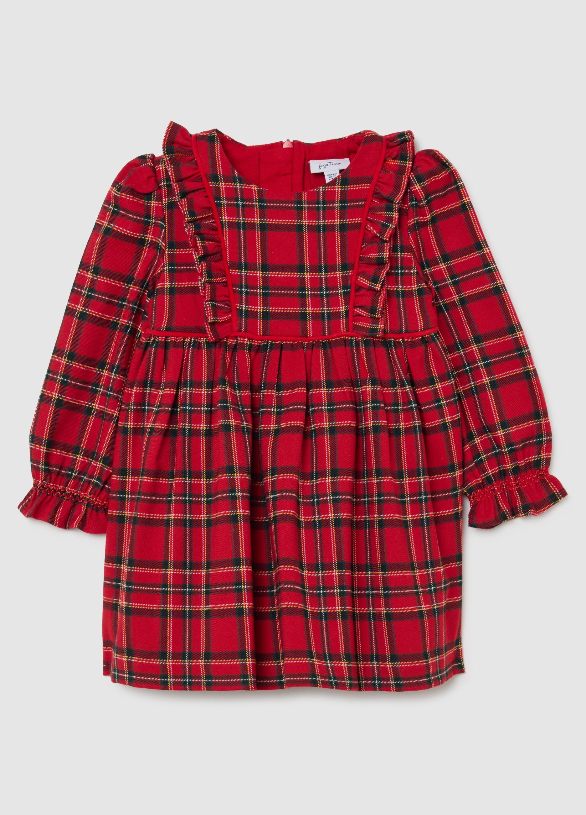 Multicoloured check wide-fit red dress with ruffles for girls
