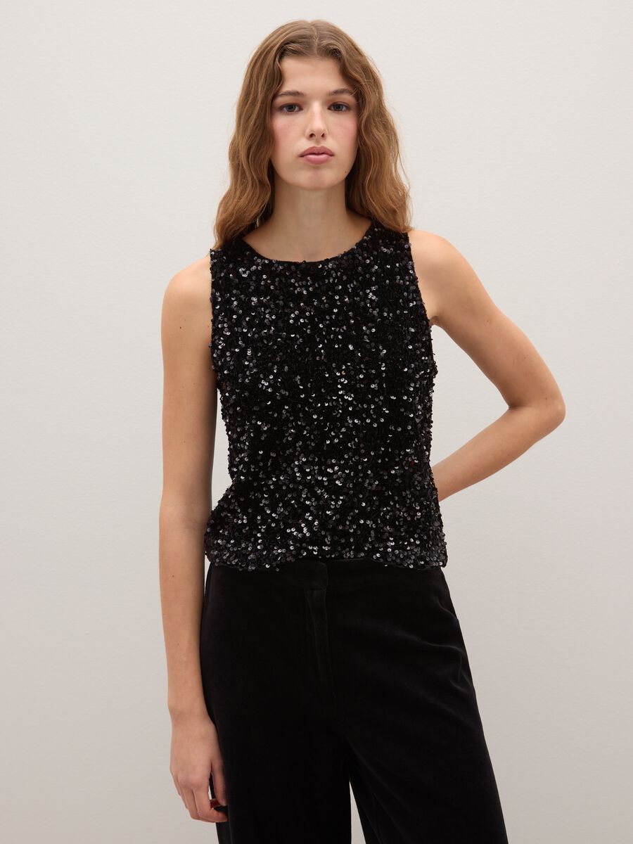 Black regular fit tank top with sequins_1