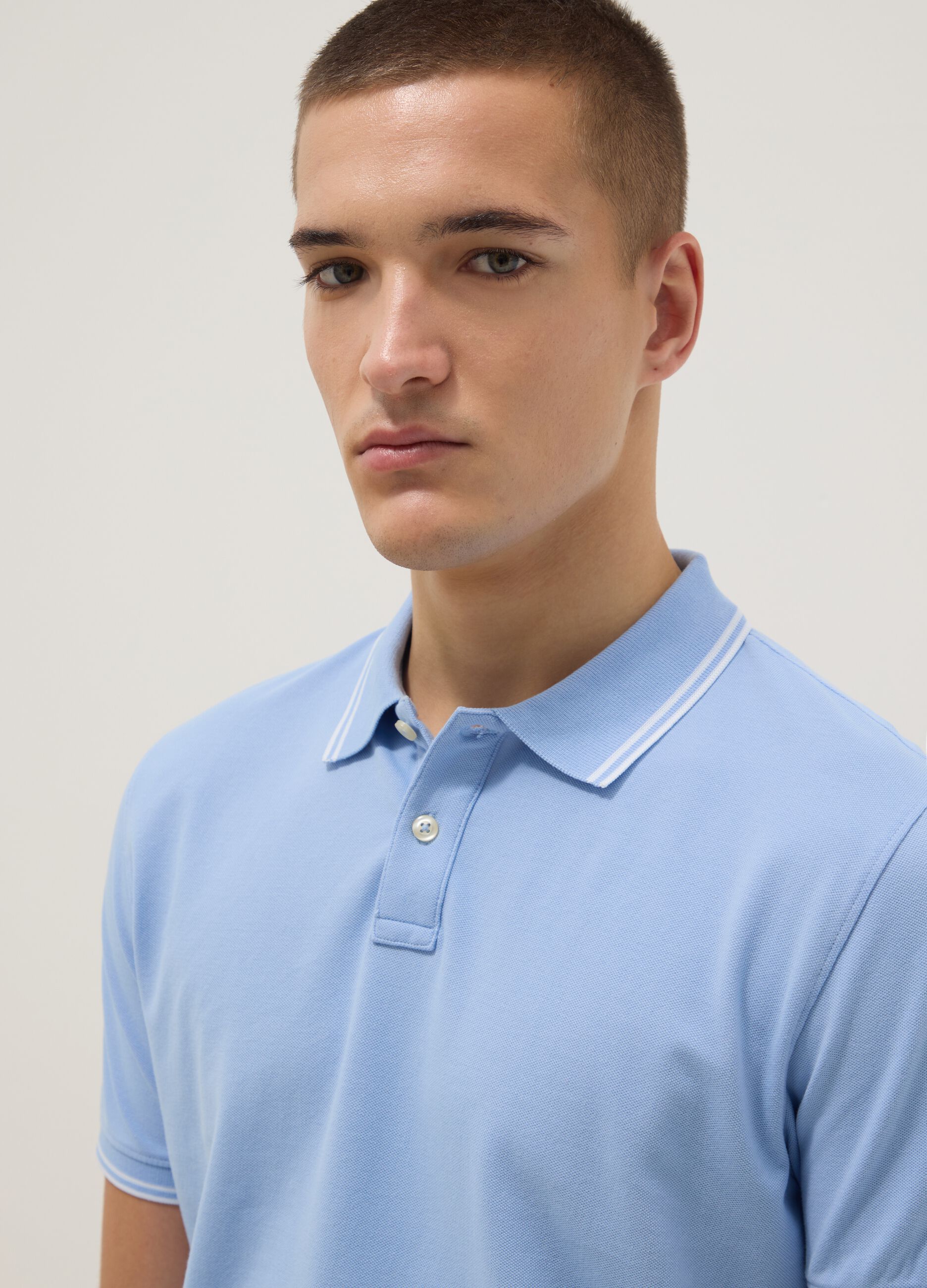 Light blue stretch cotton polo shirt, regular fit