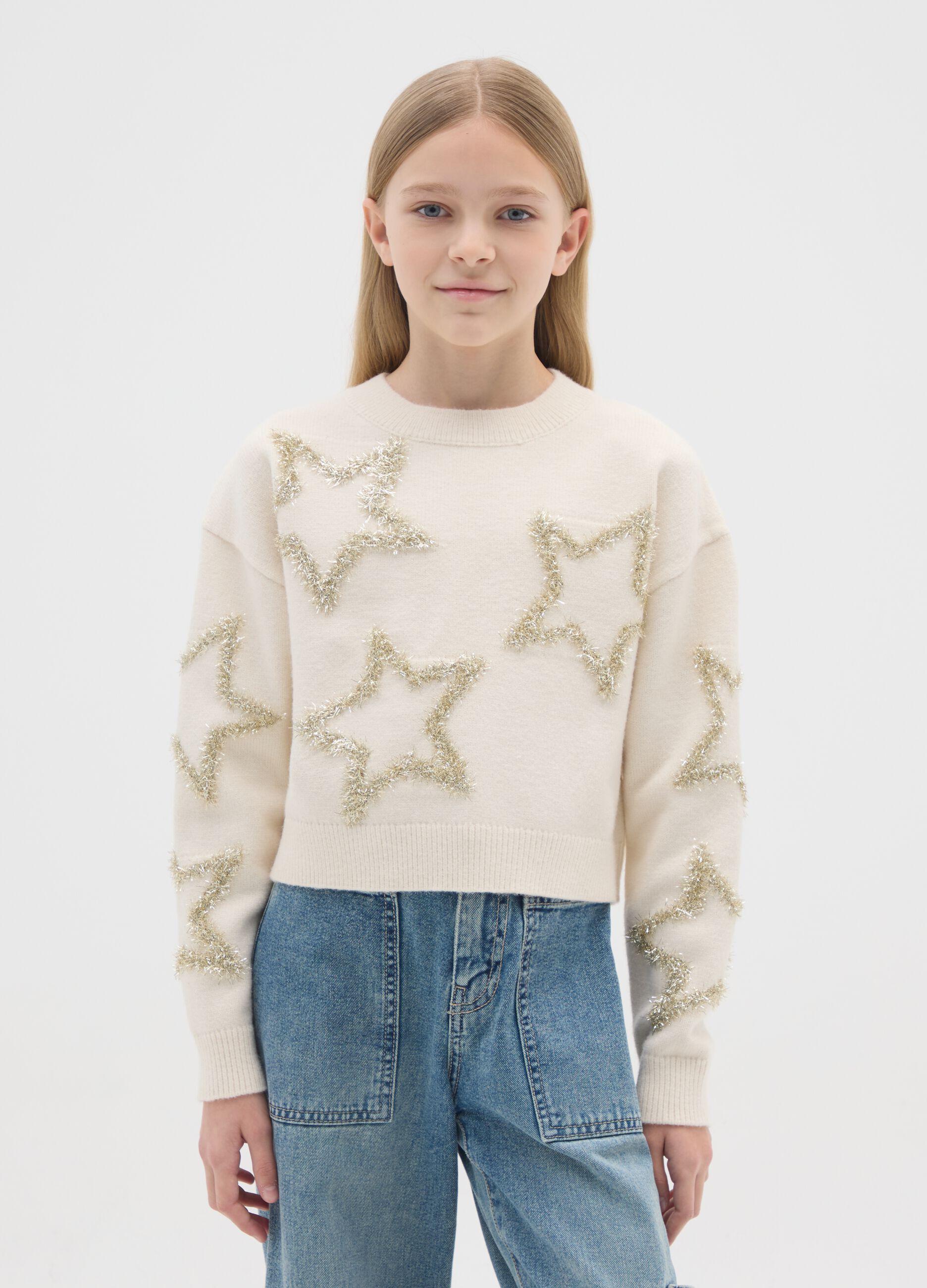 Girls' beige regular fit sweater with decorative stars