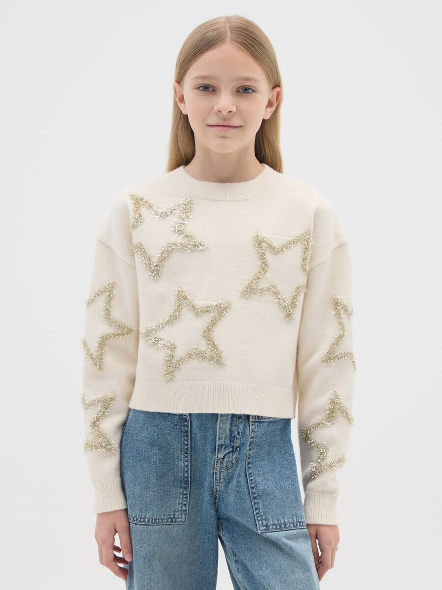 Girls' beige regular fit sweater with decorative stars_0