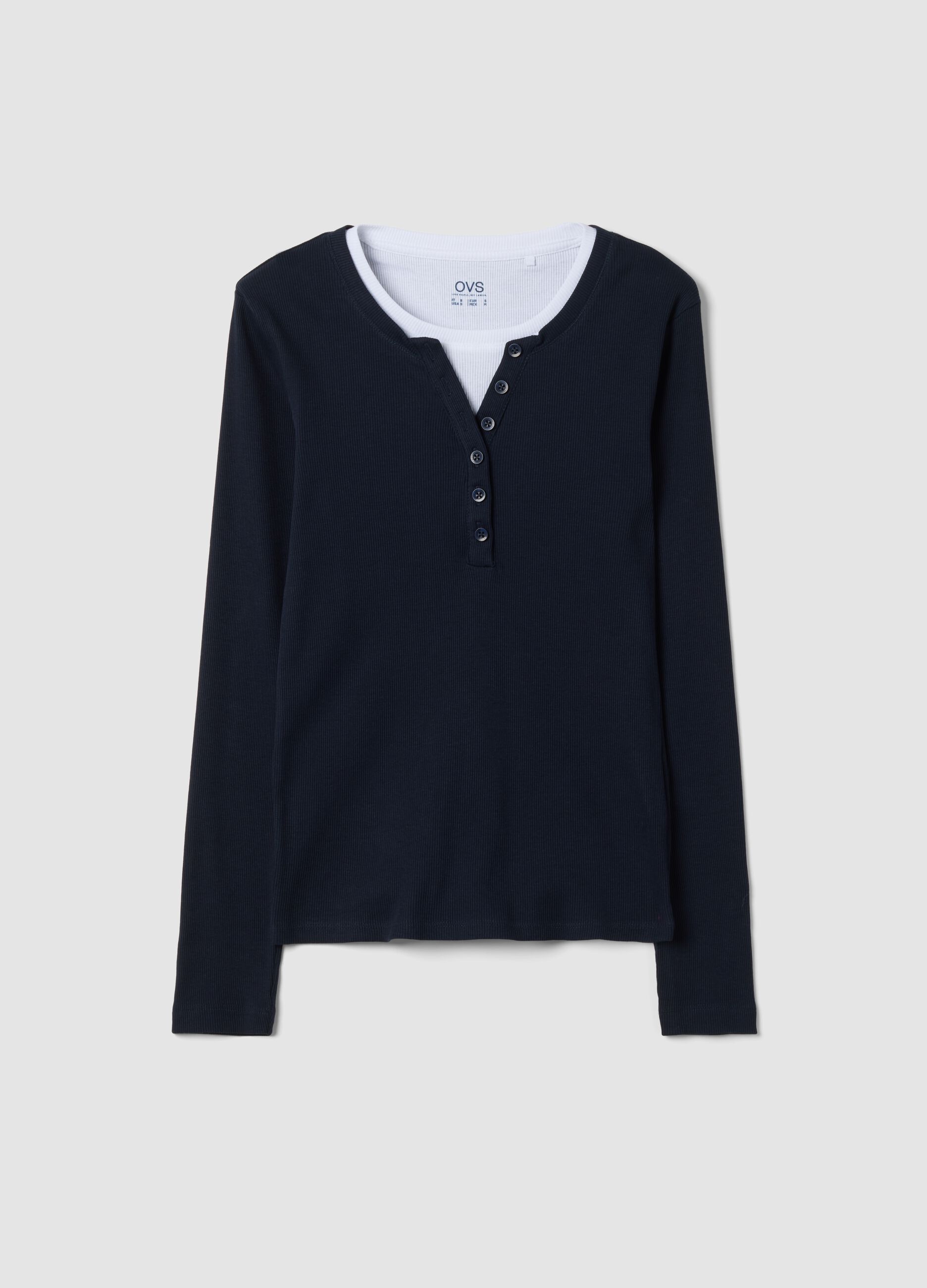 Blue long-sleeved pure cotton crew-neck T-shirt
