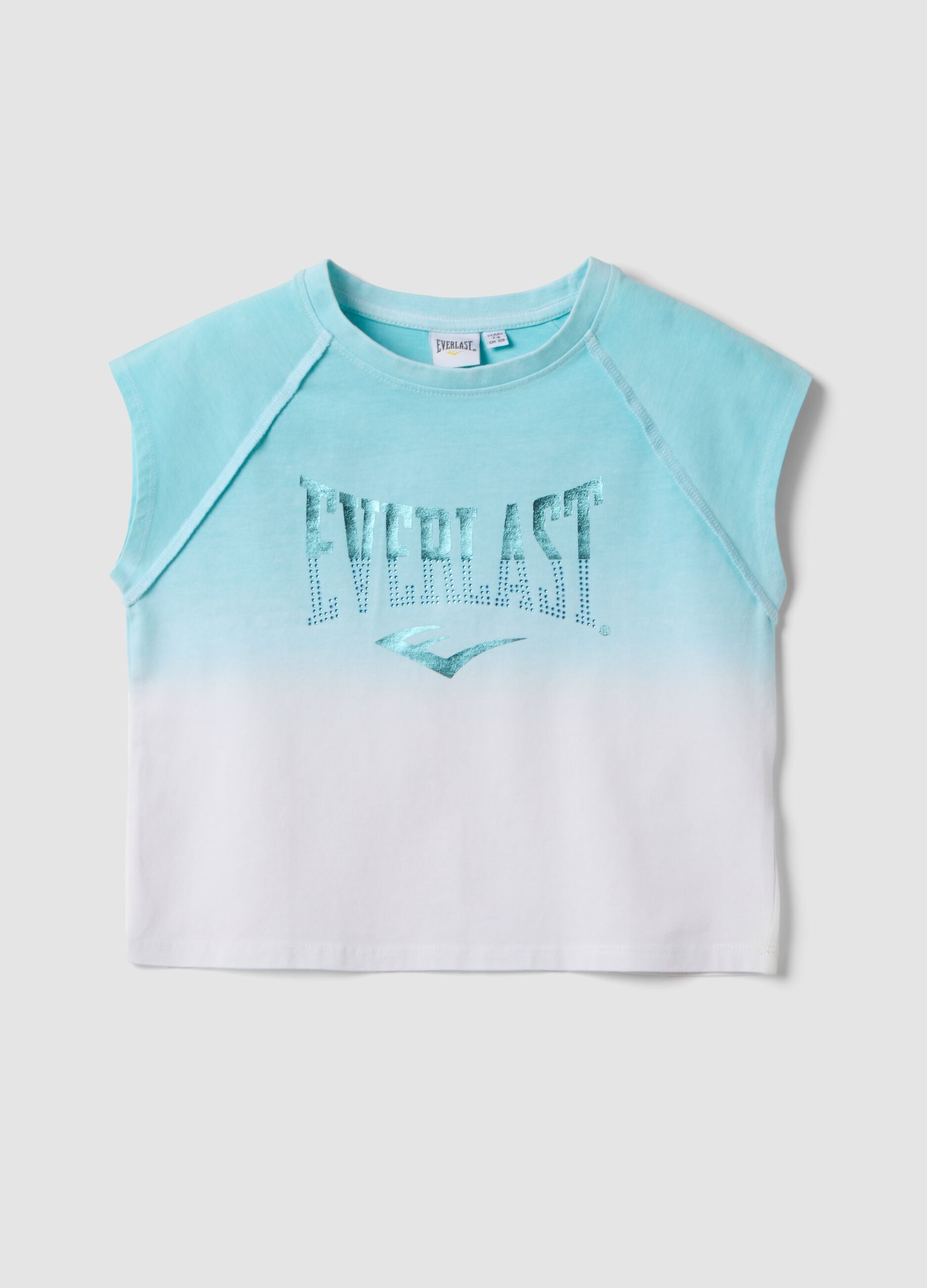T-shirt azzurra in cotone elasticizzato a maniche corte per bambina regular fit