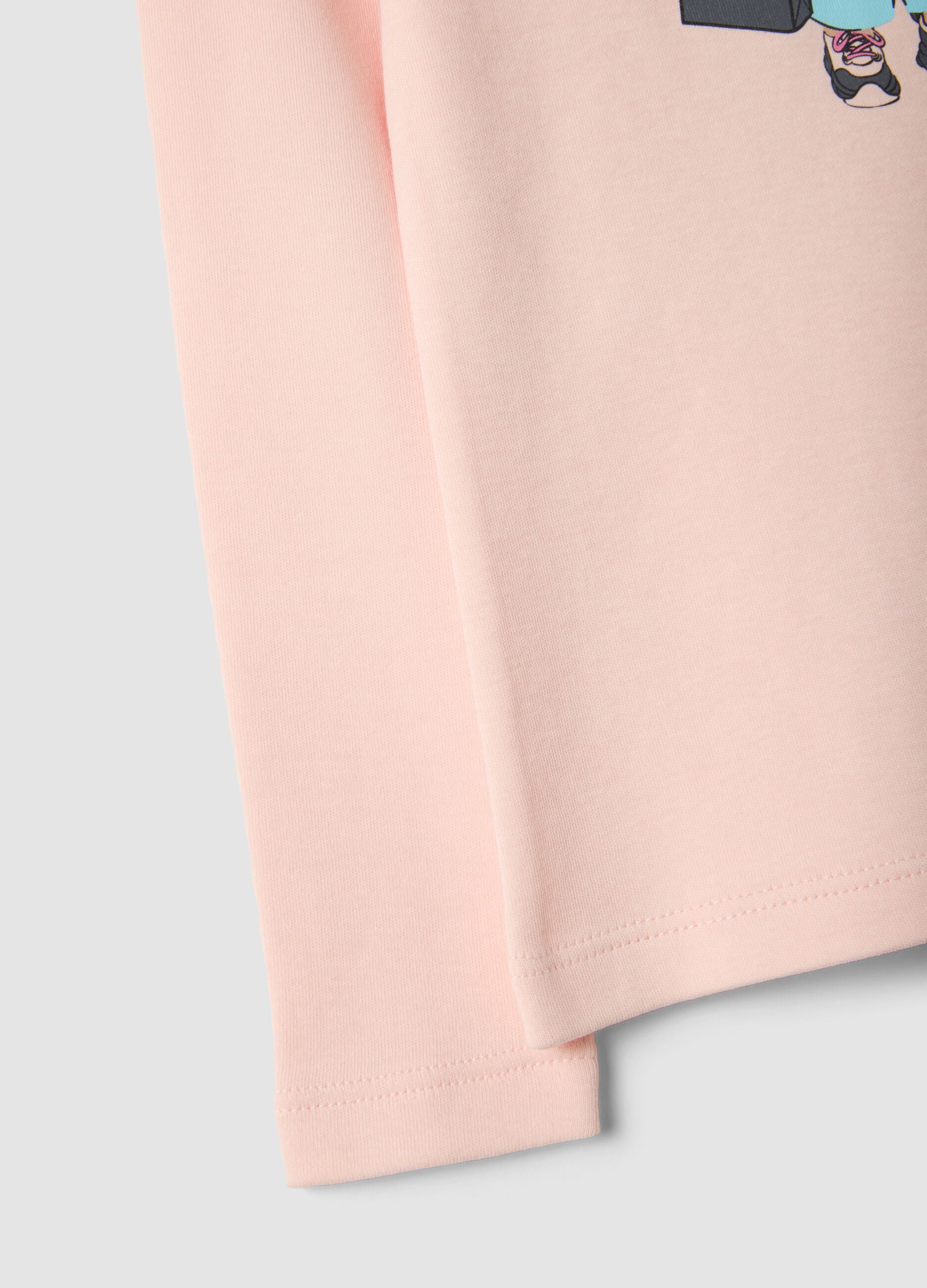 T-shirt rosa in puro cotone organico con collo rialzato e stampa orsetto